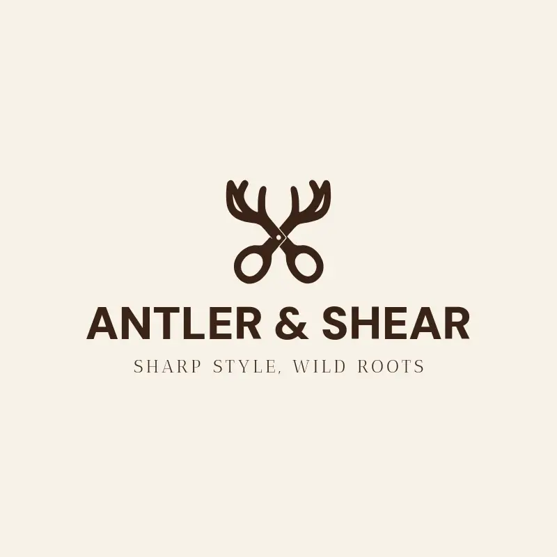 The barbershop name Antler & Shear as a branded logo with a single color icon