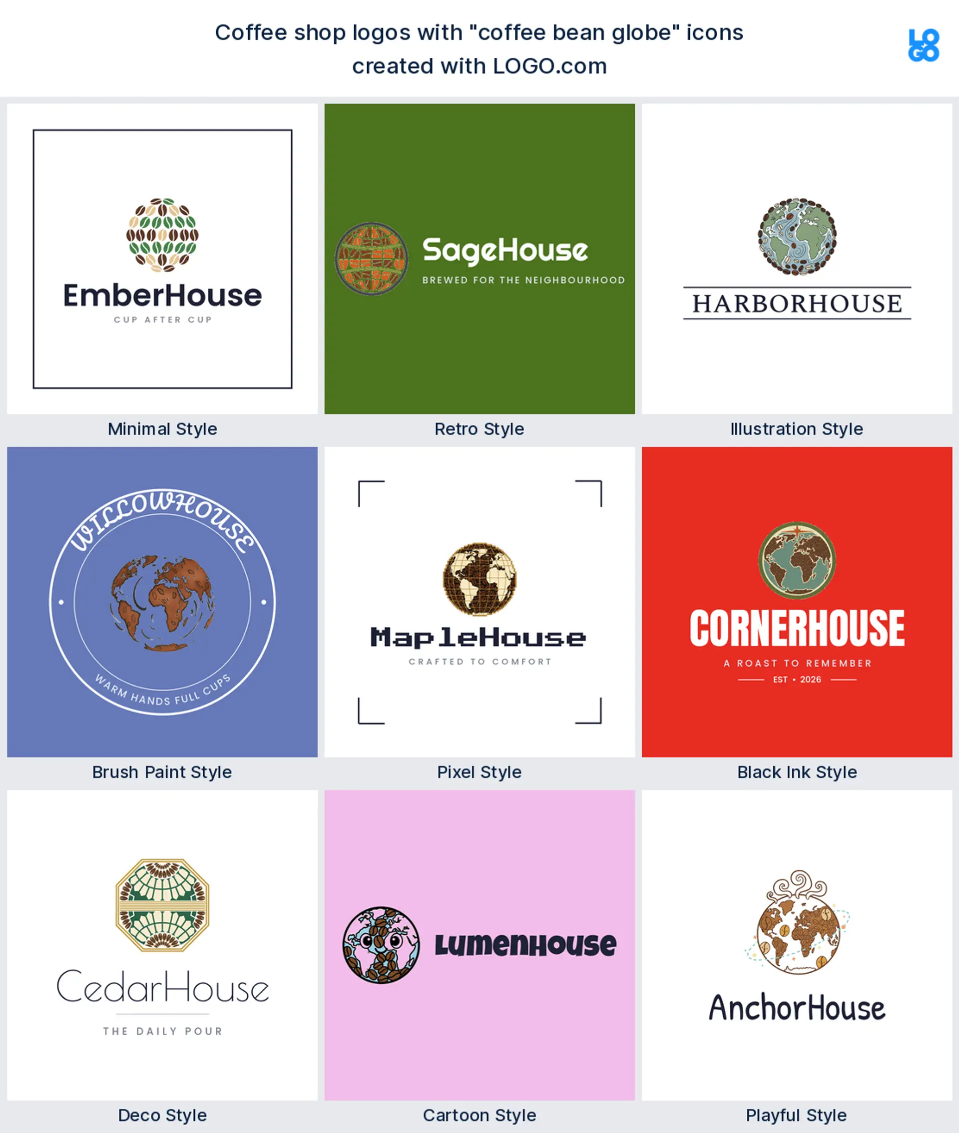 Coffee bean globe logo shown in nine LOGO.com styles