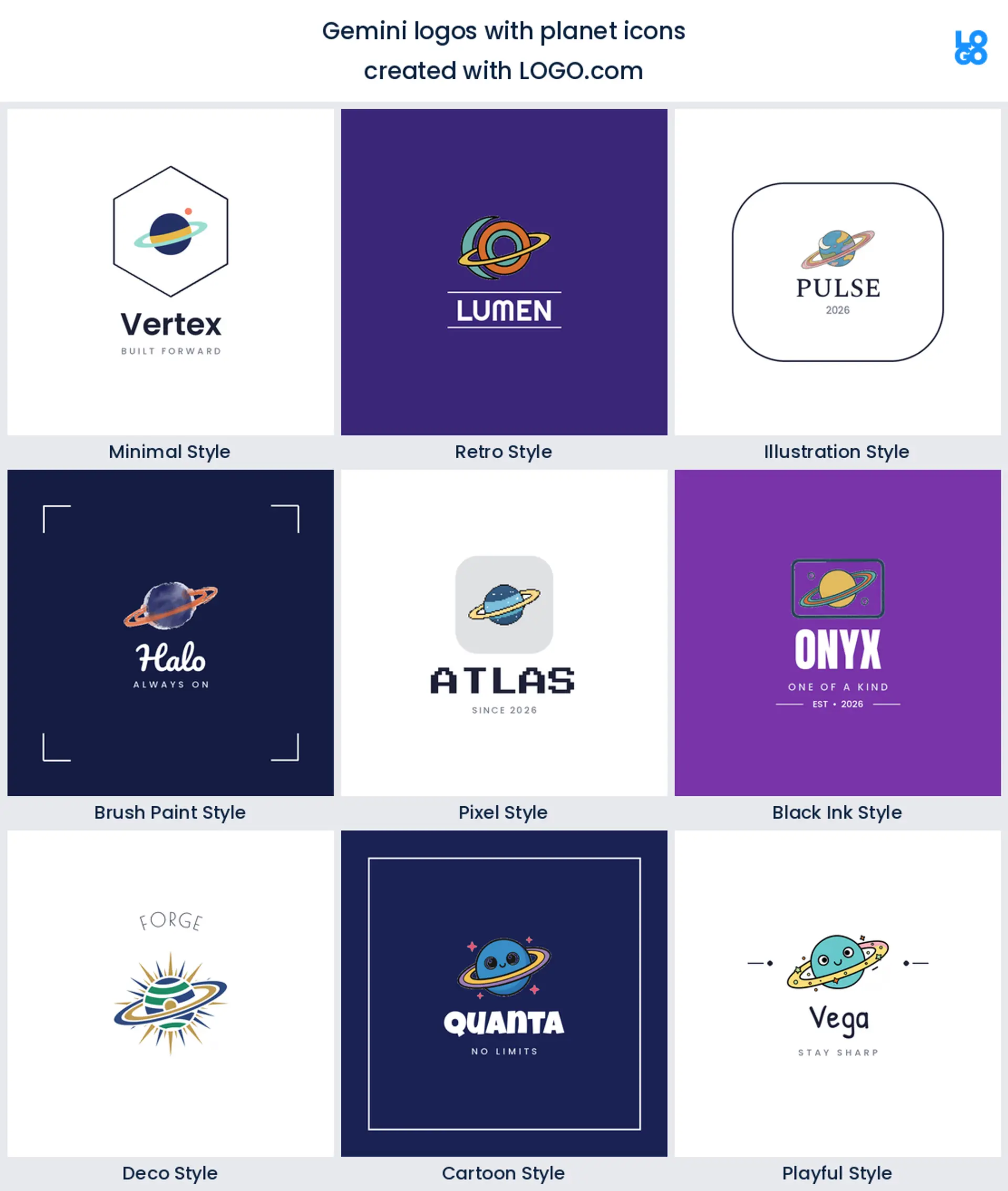 Planet Gemini logo shown in nine LOGO.com styles