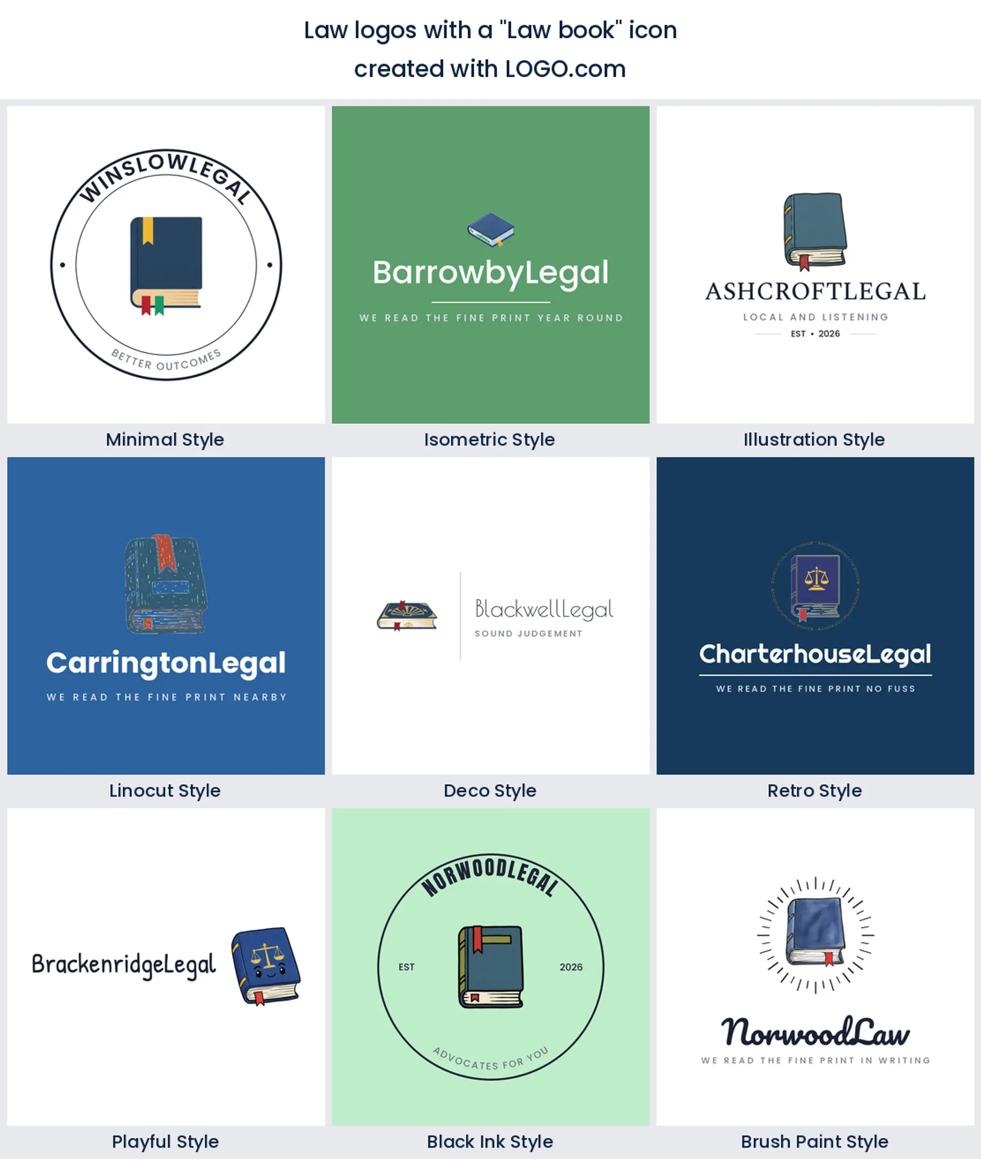 Law book logo designs shown in nine different LOGO.com styles