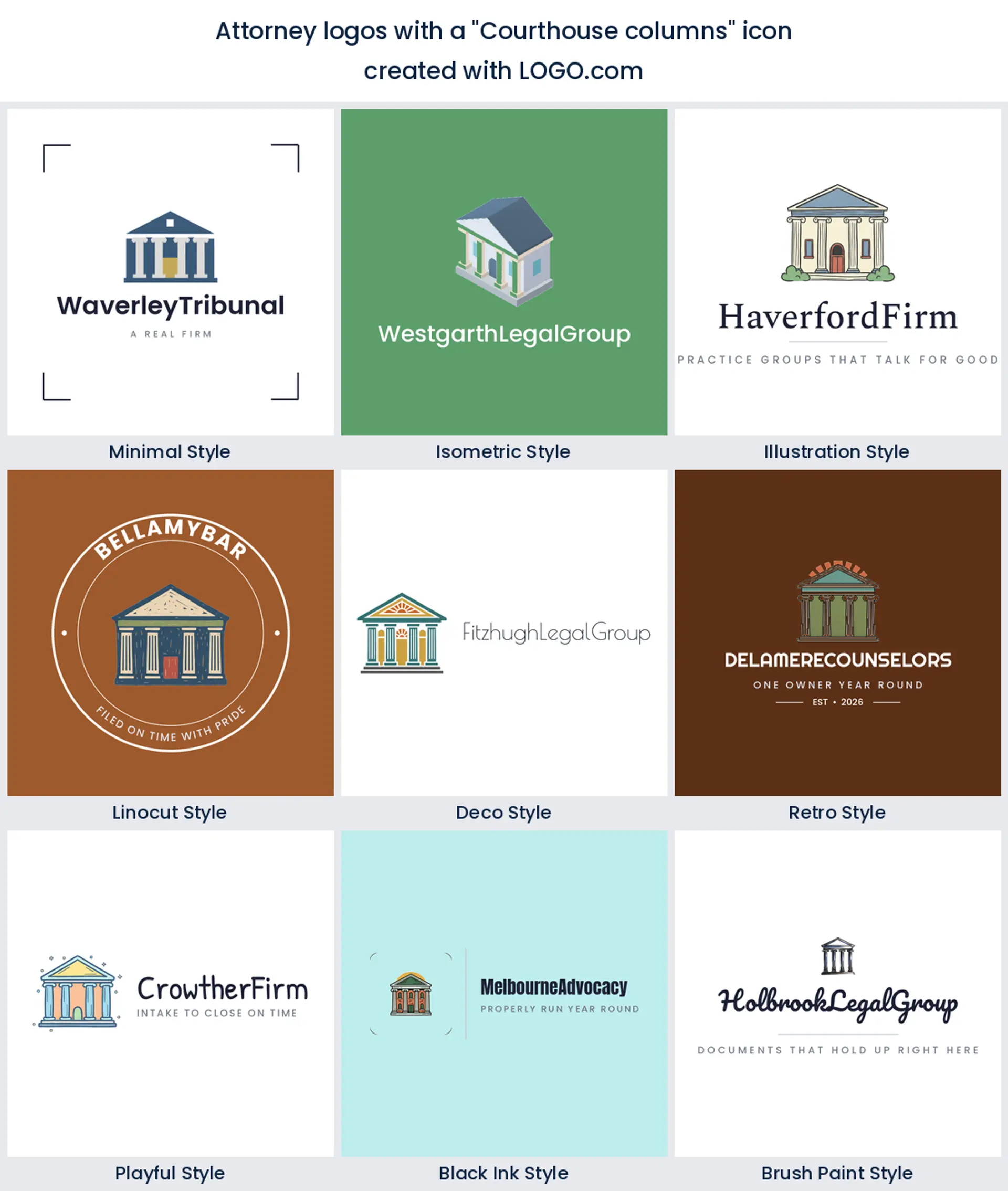 Nine styles of legal firm logo built on a courthouse facade with classical columns