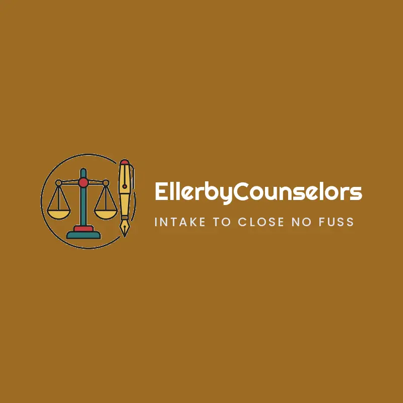 Retro attorney logo for EllerbyCounselors with scales and a fountain pen on bronze