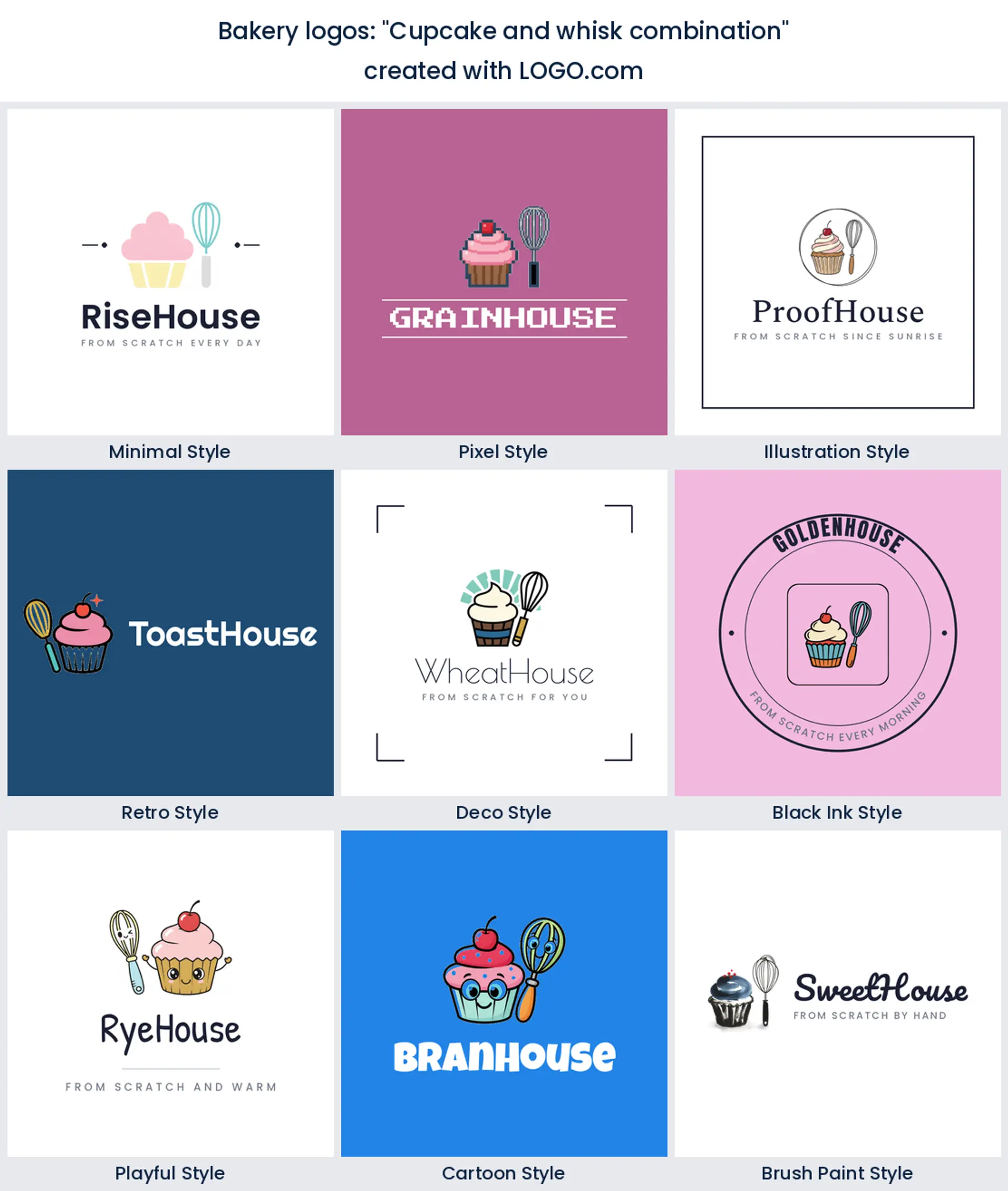 Cupcake and whisk bakery logo in nine styles.