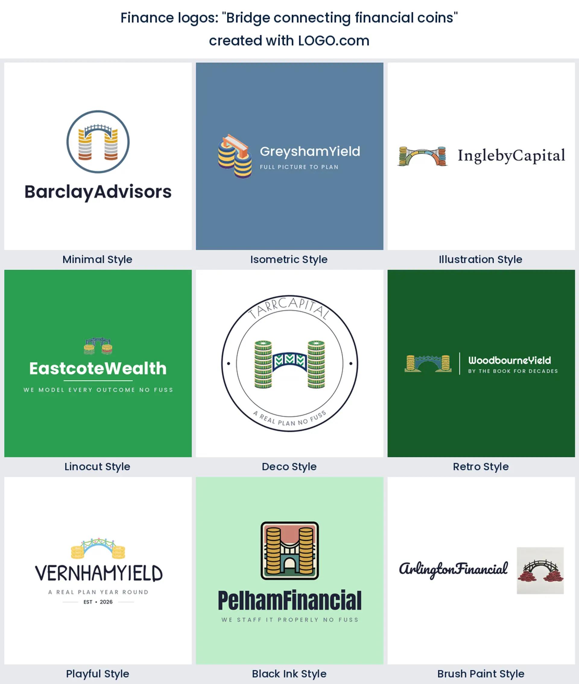 Nine styles of finance company logo with a bridge span linking two stacked coins