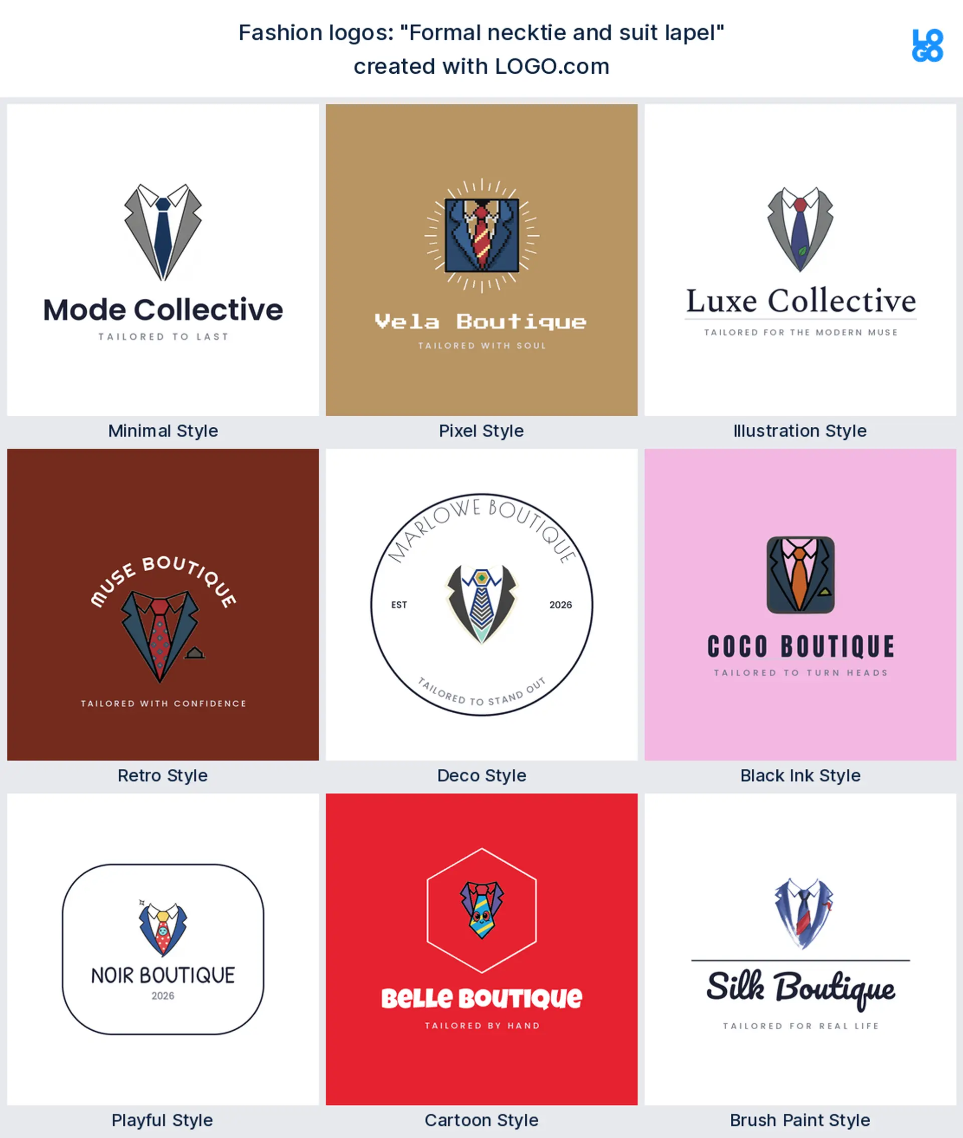 The "Formal necktie and suit lapel" logo idea shown across nine LOGO.com styles