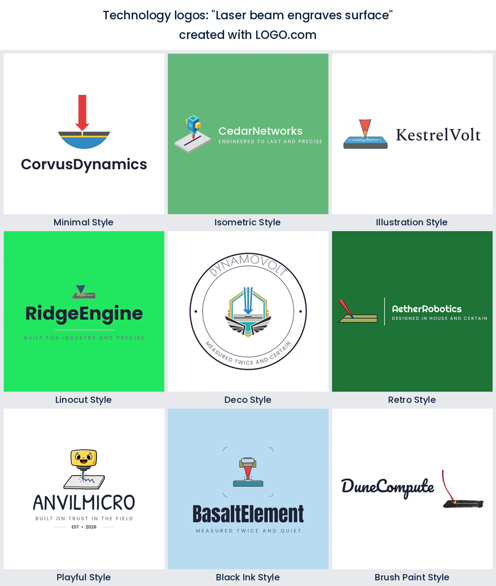 Laser beam engraves surface technology logo in nine styles.