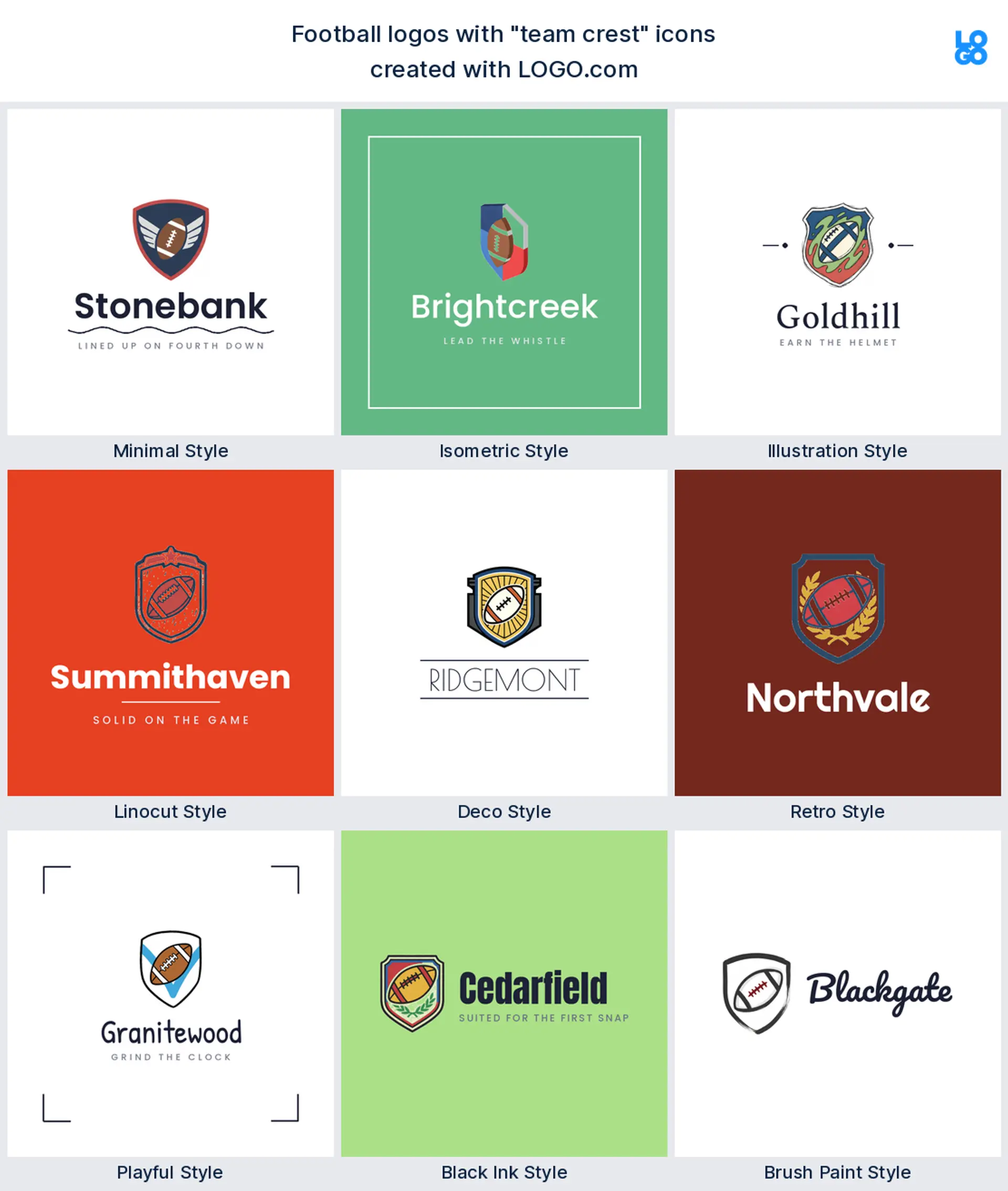 Team crest football logo shown in nine LOGO.com styles