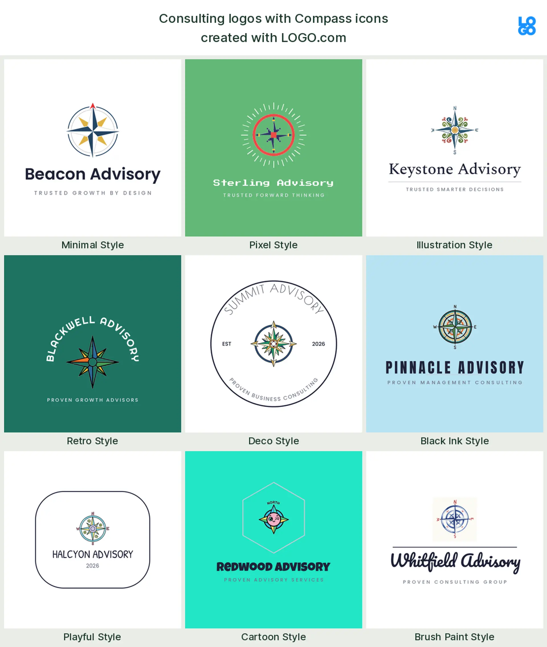 Compass, a popular consulting logo symbol, shown across nine styles on LOGO.com