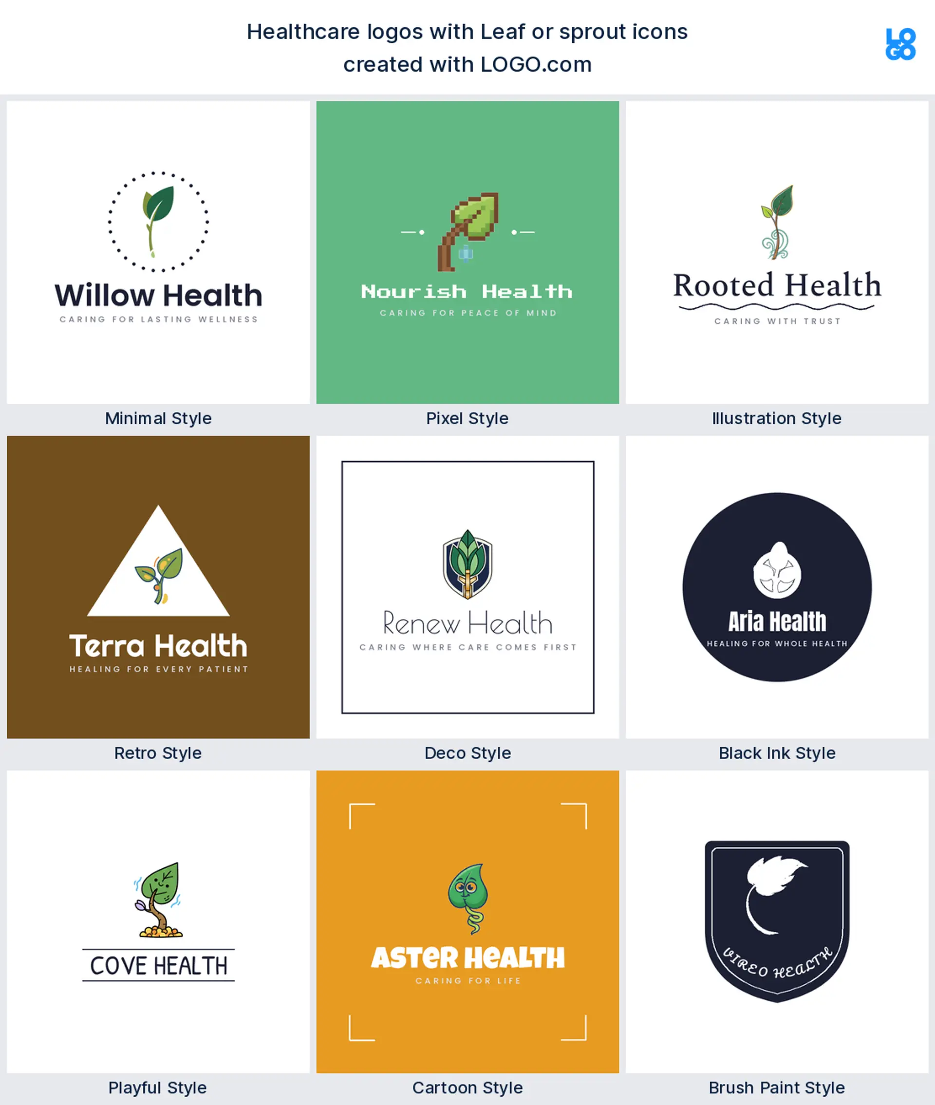 Leaf or sprout shown across nine LOGO.com healthcare logo styles