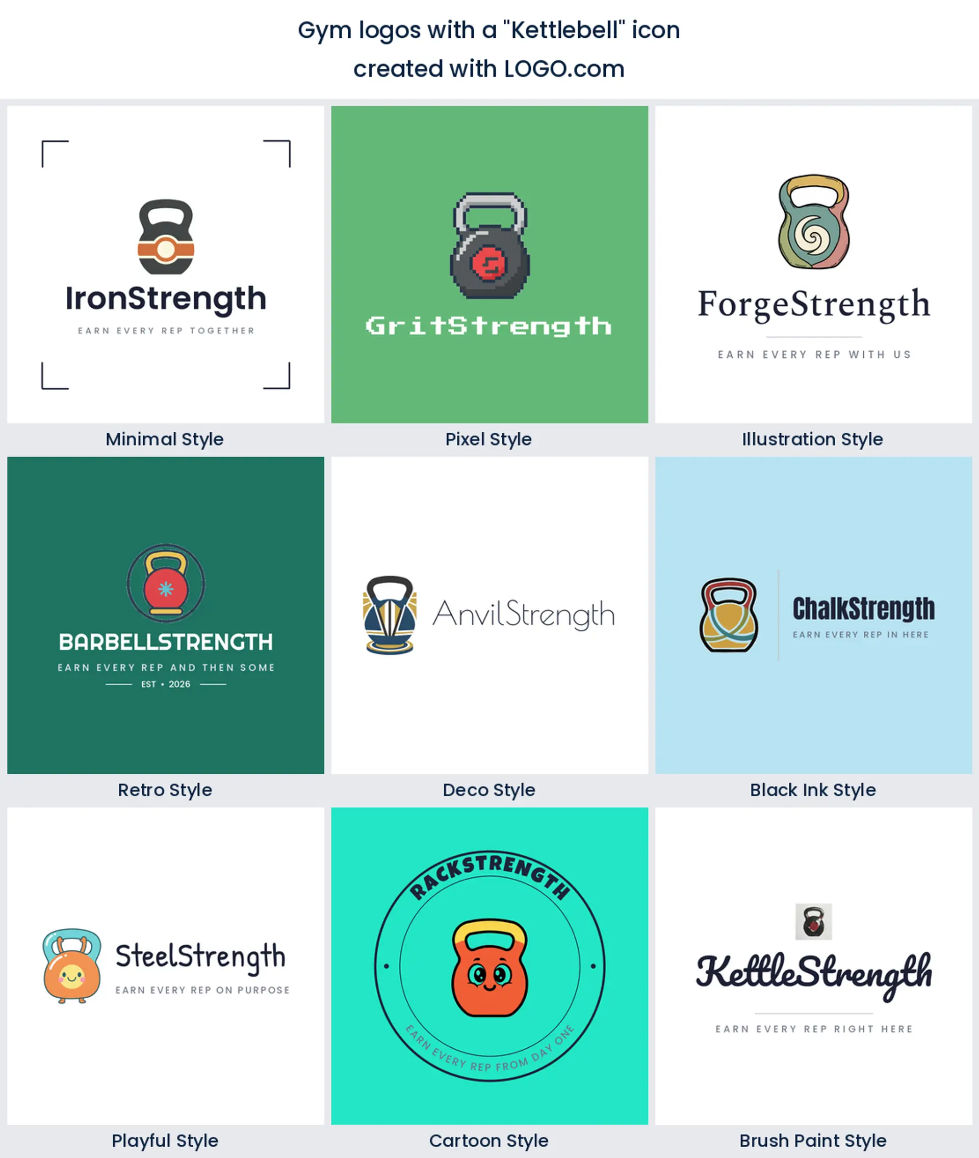 Kettlebell gym logo shown across nine LOGO.com styles