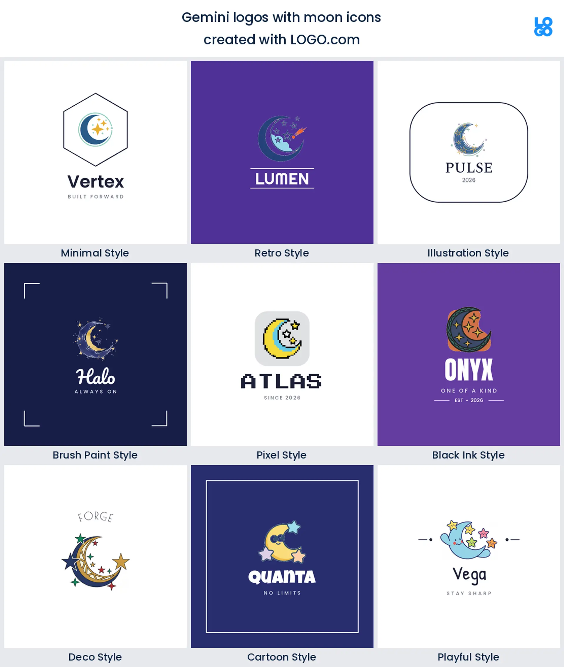 Crescent moon and stars Gemini logo shown in nine LOGO.com styles