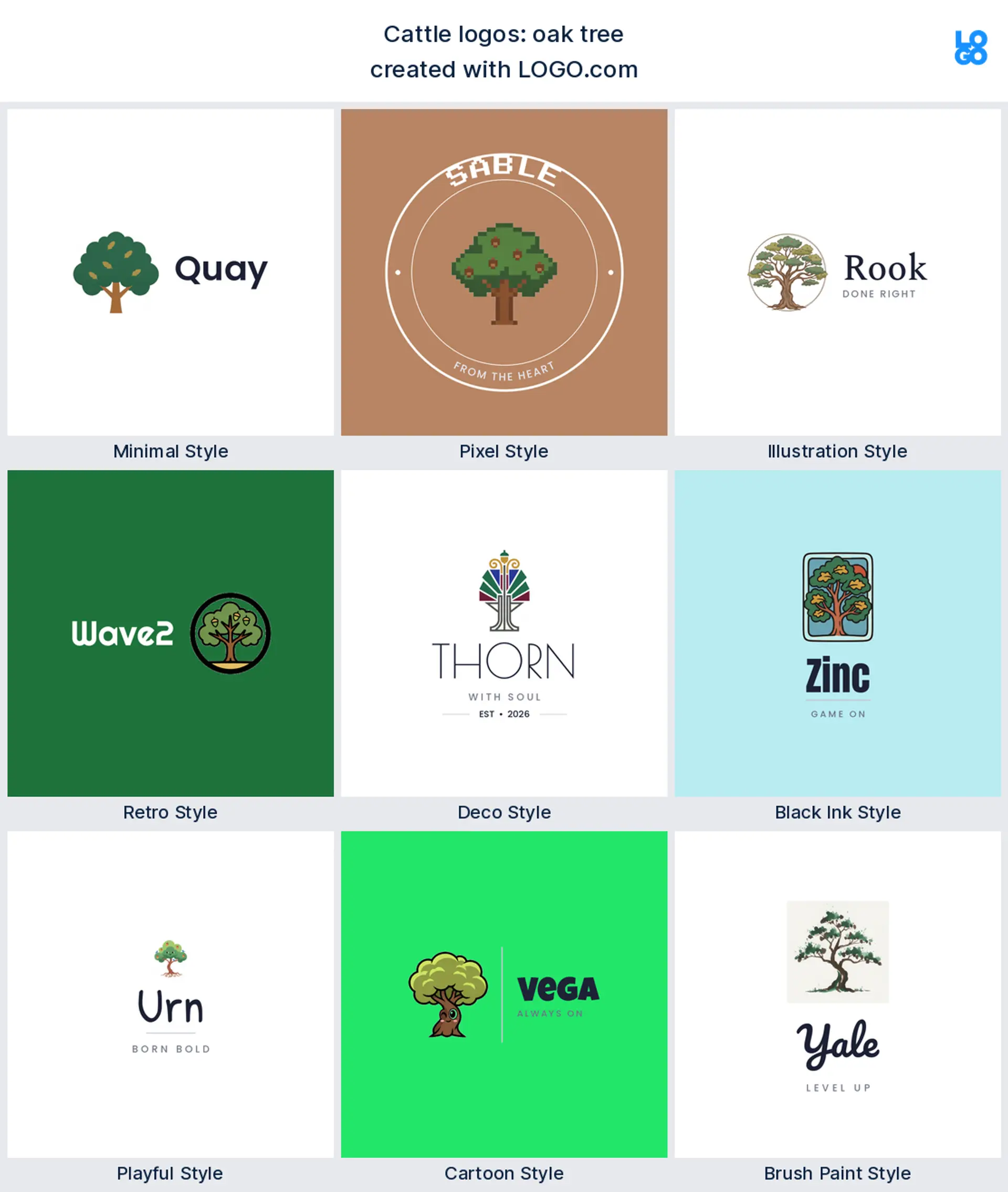 Oak tree brush paint ranch logo shown in nine LOGO.com styles
