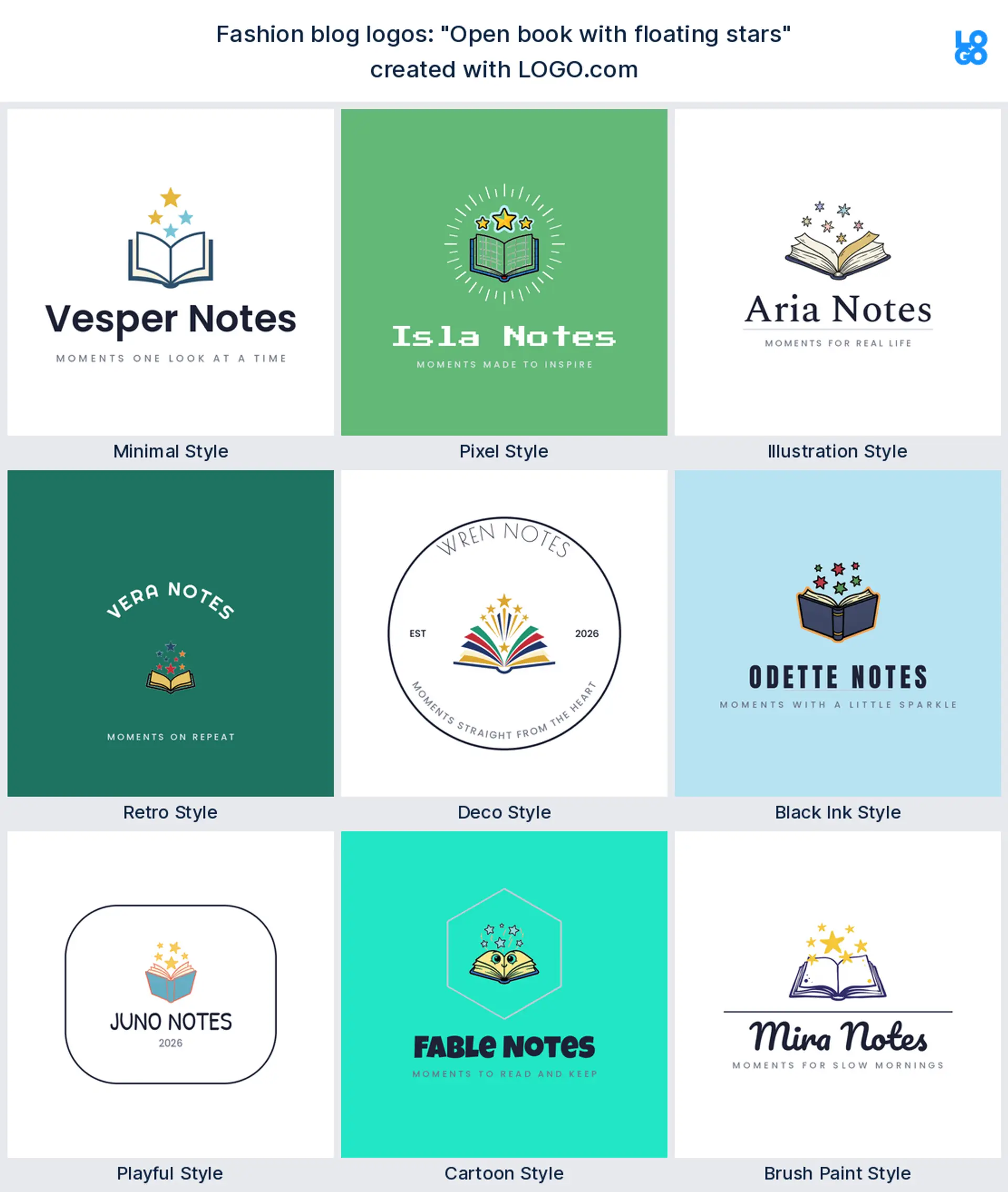 The "Open book with floating stars" logo idea shown across nine LOGO.com styles