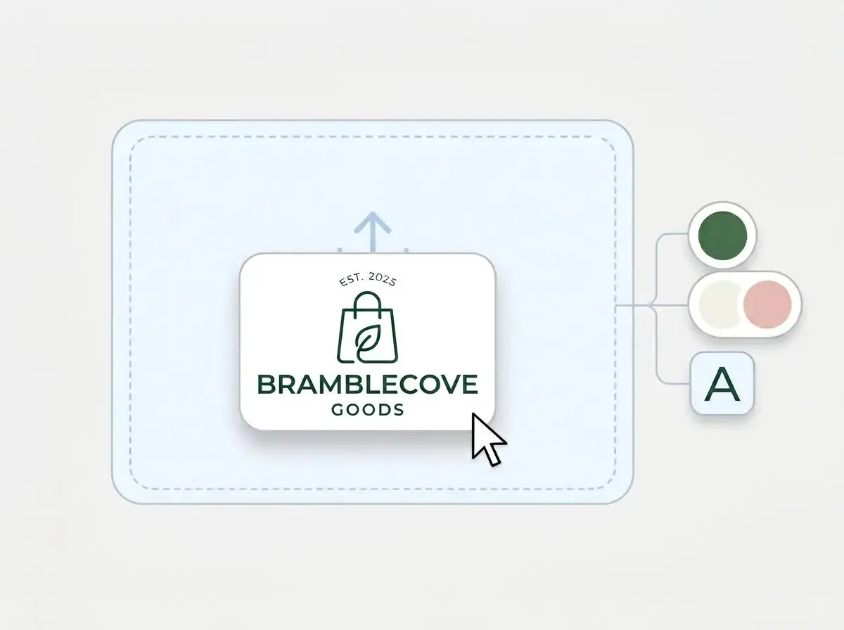 Bramblecove Goods logo dropped into the LOGO.com upload box, with its forest green shopping bag mark and its off white and blush pink colors picked out