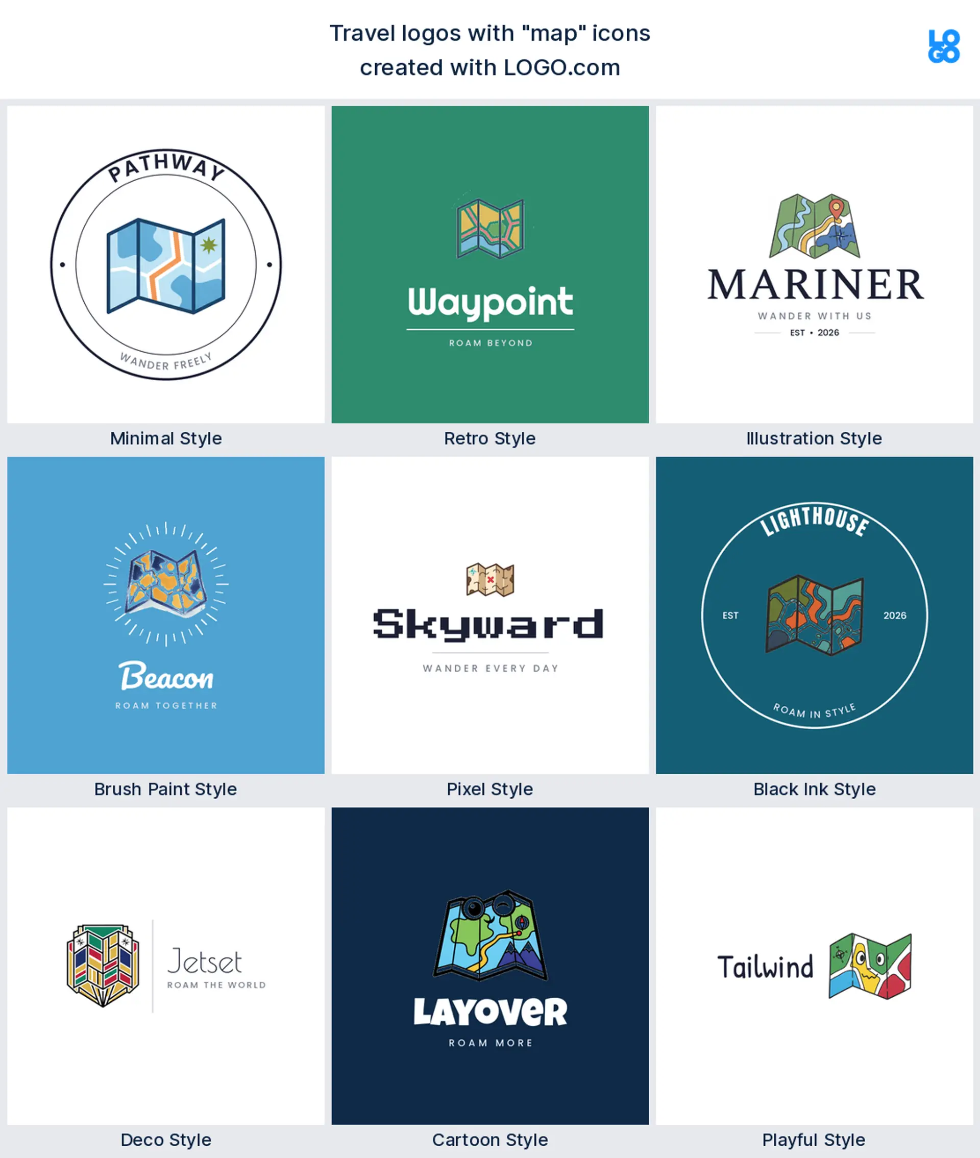 Map travel logo shown in nine LOGO.com styles