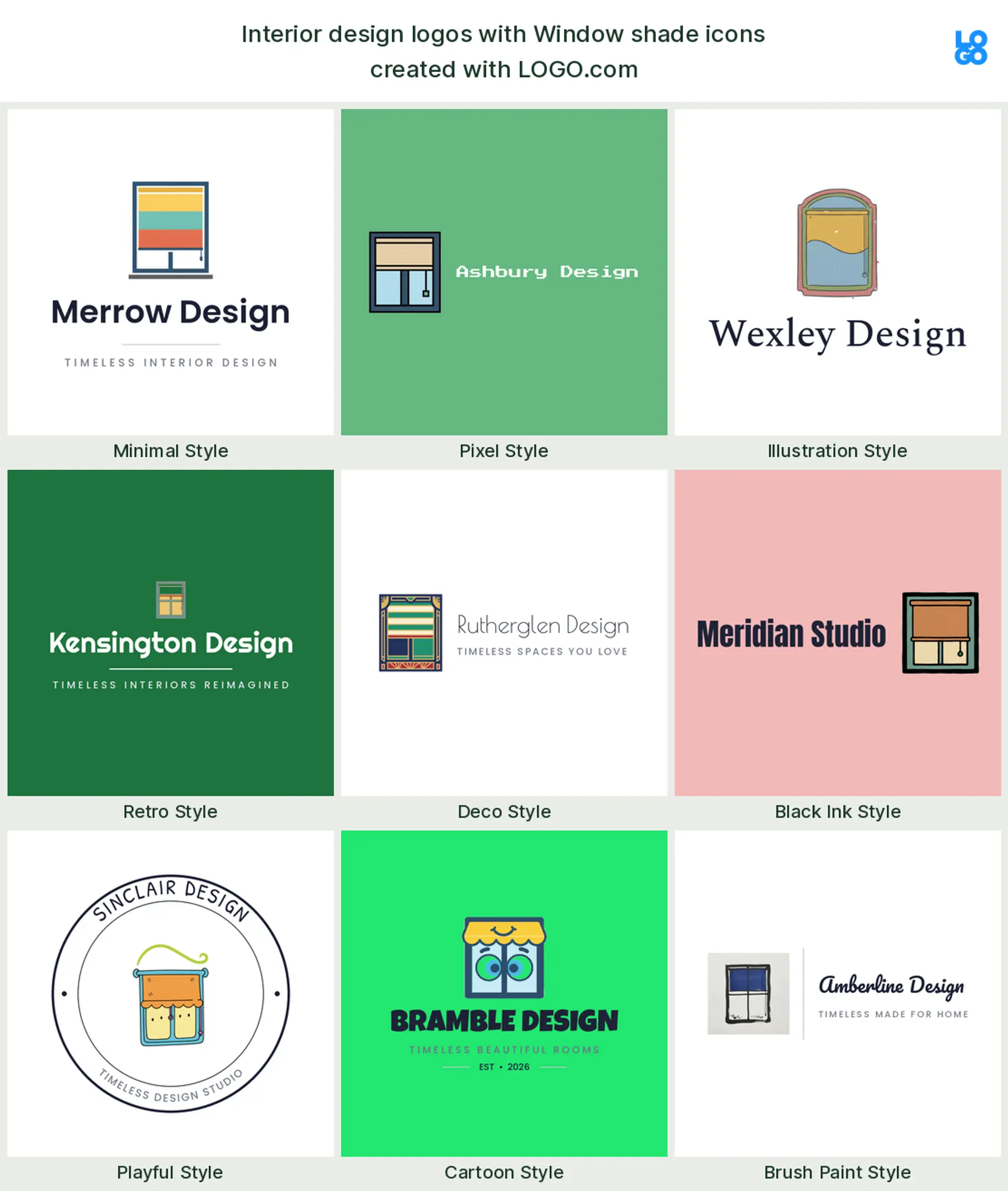 Window shade, a popular interior design logo symbol, shown across nine styles on LOGO.com