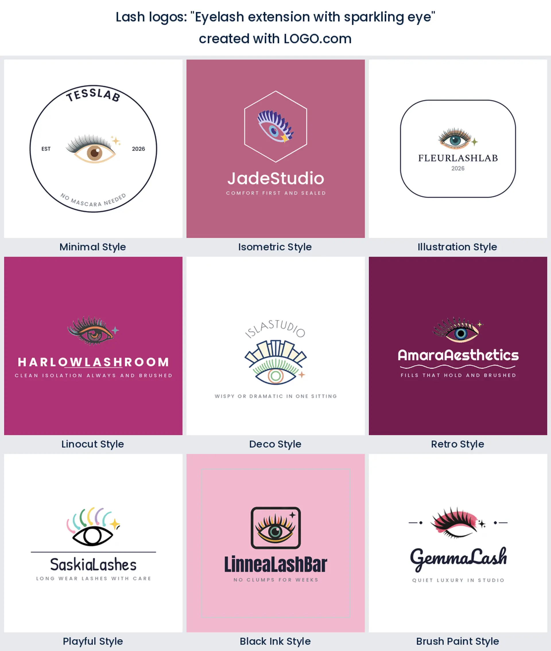 A lash logo built from the founder prompt "Eyelash extension with sparkling eye", shown in nine design styles.