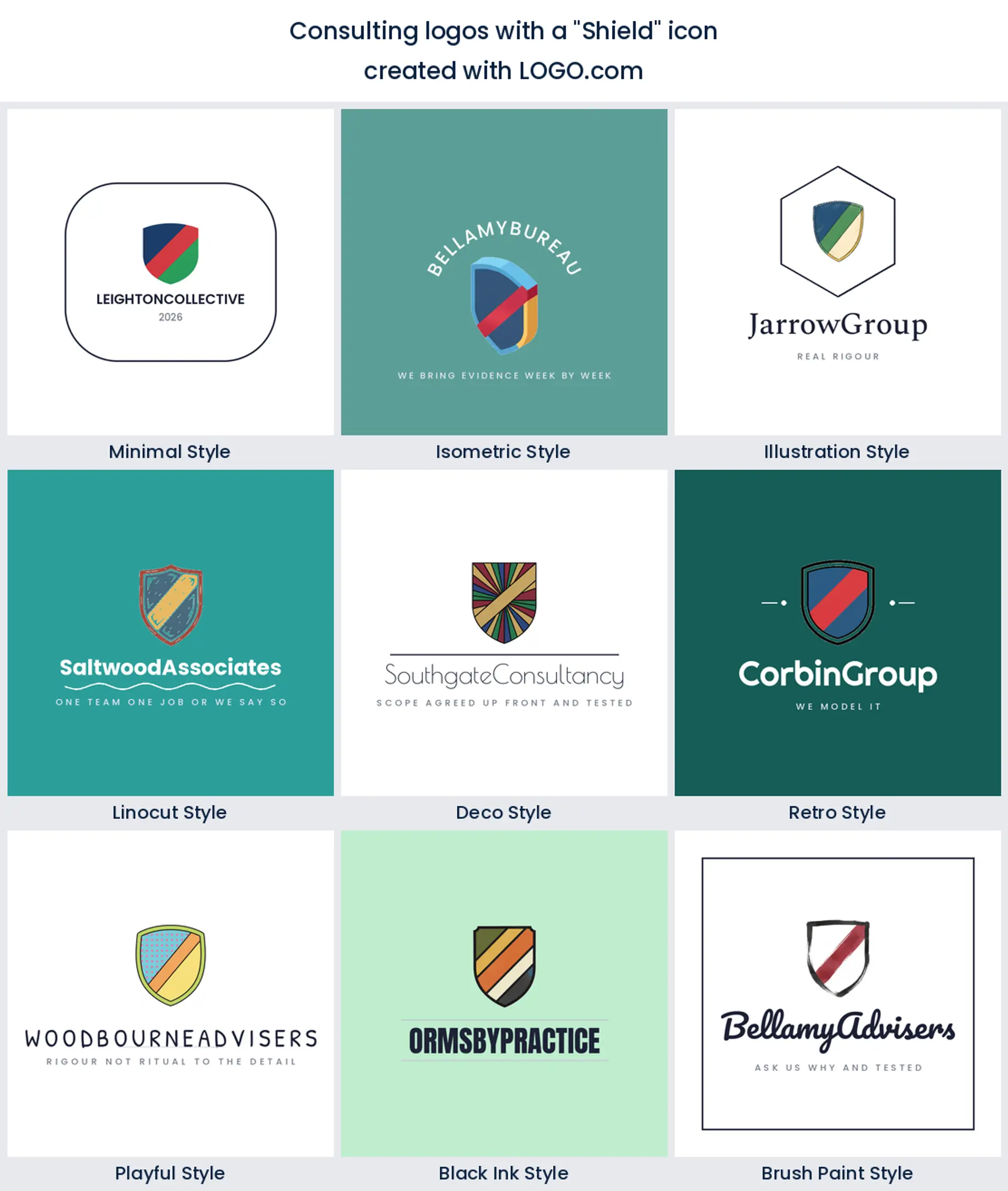 Nine styles of consulting logo built on a simple shield
