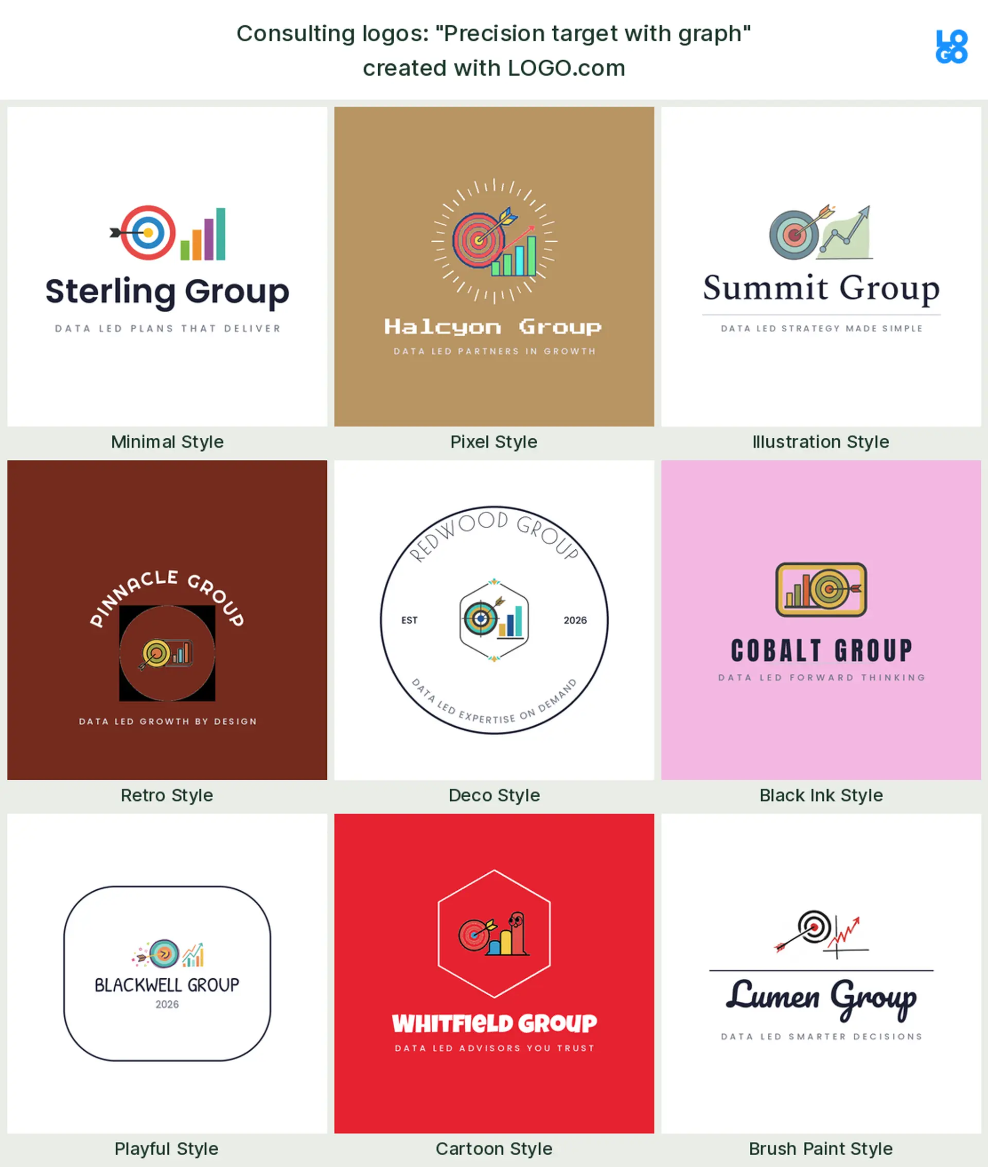 The "Precision target with graph" business consulting logo idea, shown across nine styles on LOGO.com