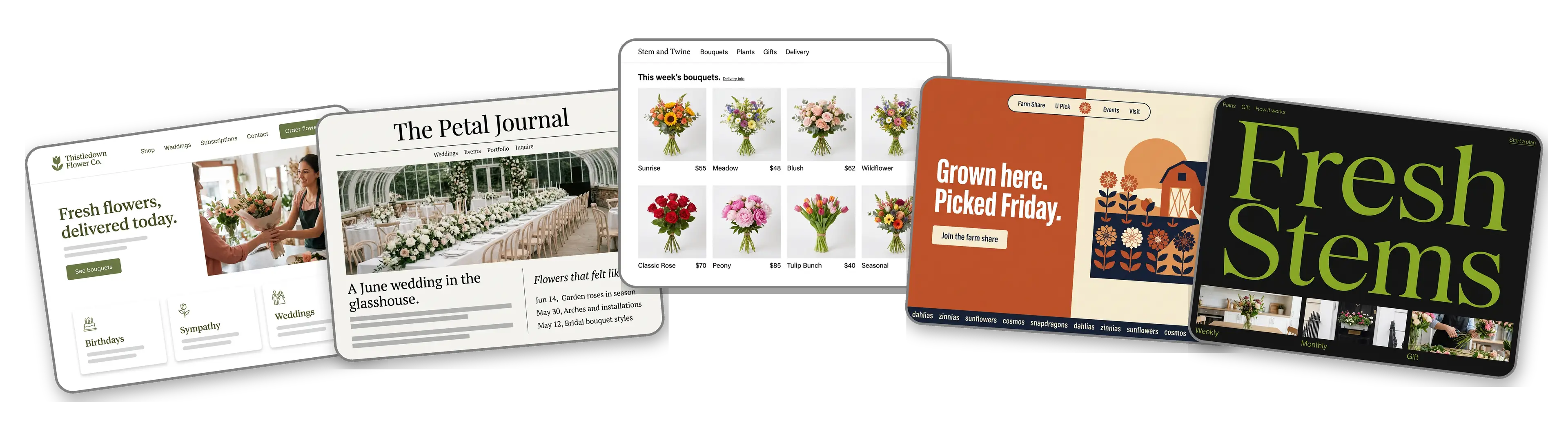 Five florist websites built with LOGO.com from a logo upload: a neighborhood flower shop, a wedding and event florist, an online bouquet shop, a cut flower farm and a monthly flower subscription