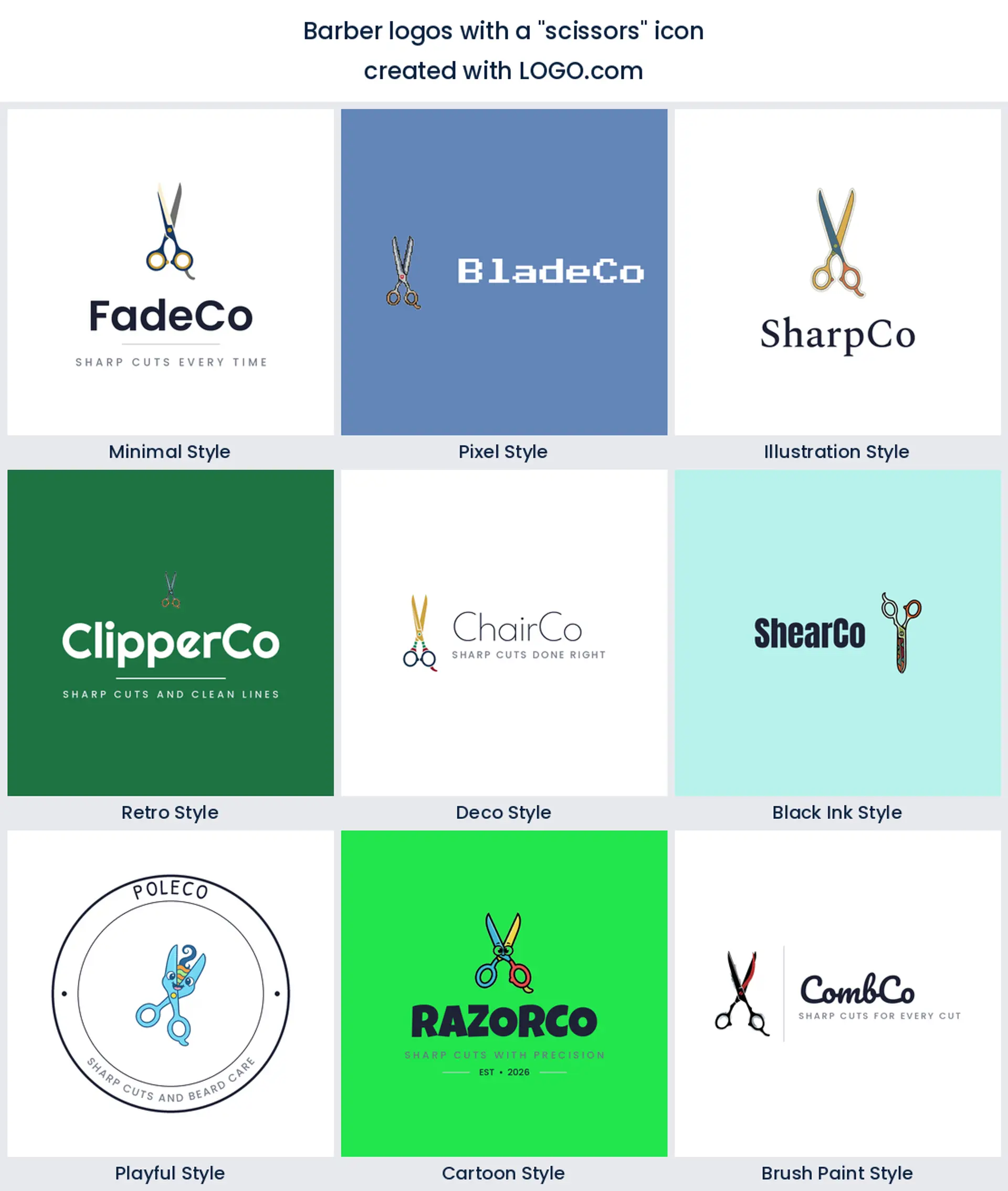 Scissors barber logo shown in nine LOGO.com styles.