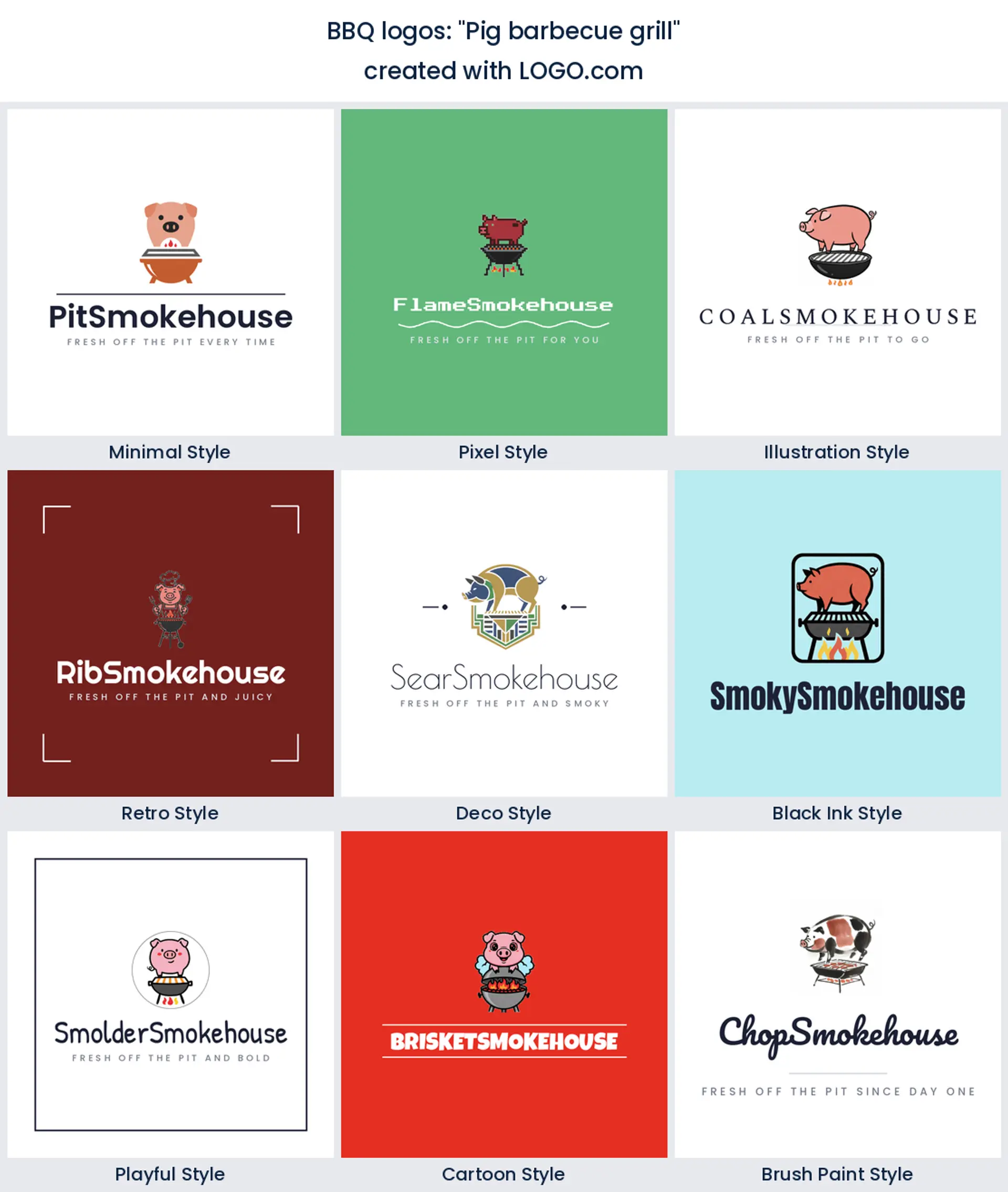 Pig and barbecue grill logo in nine styles.