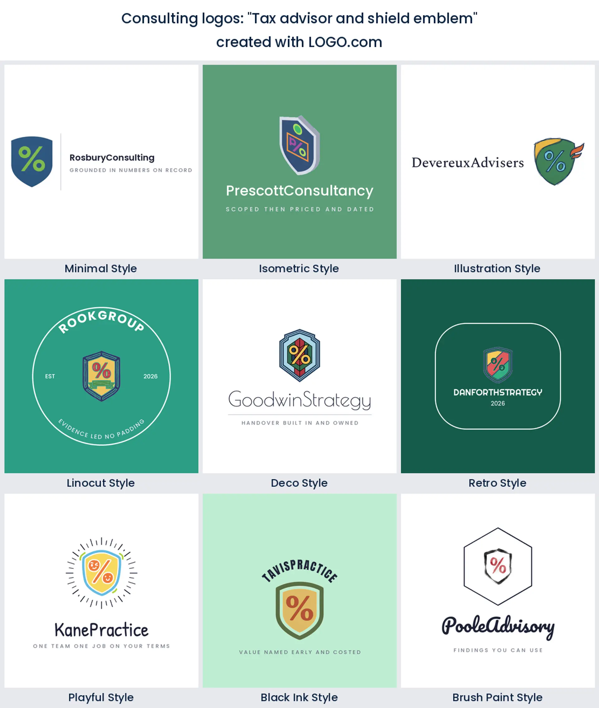 Nine styles of consulting logo with a shield holding a percent symbol