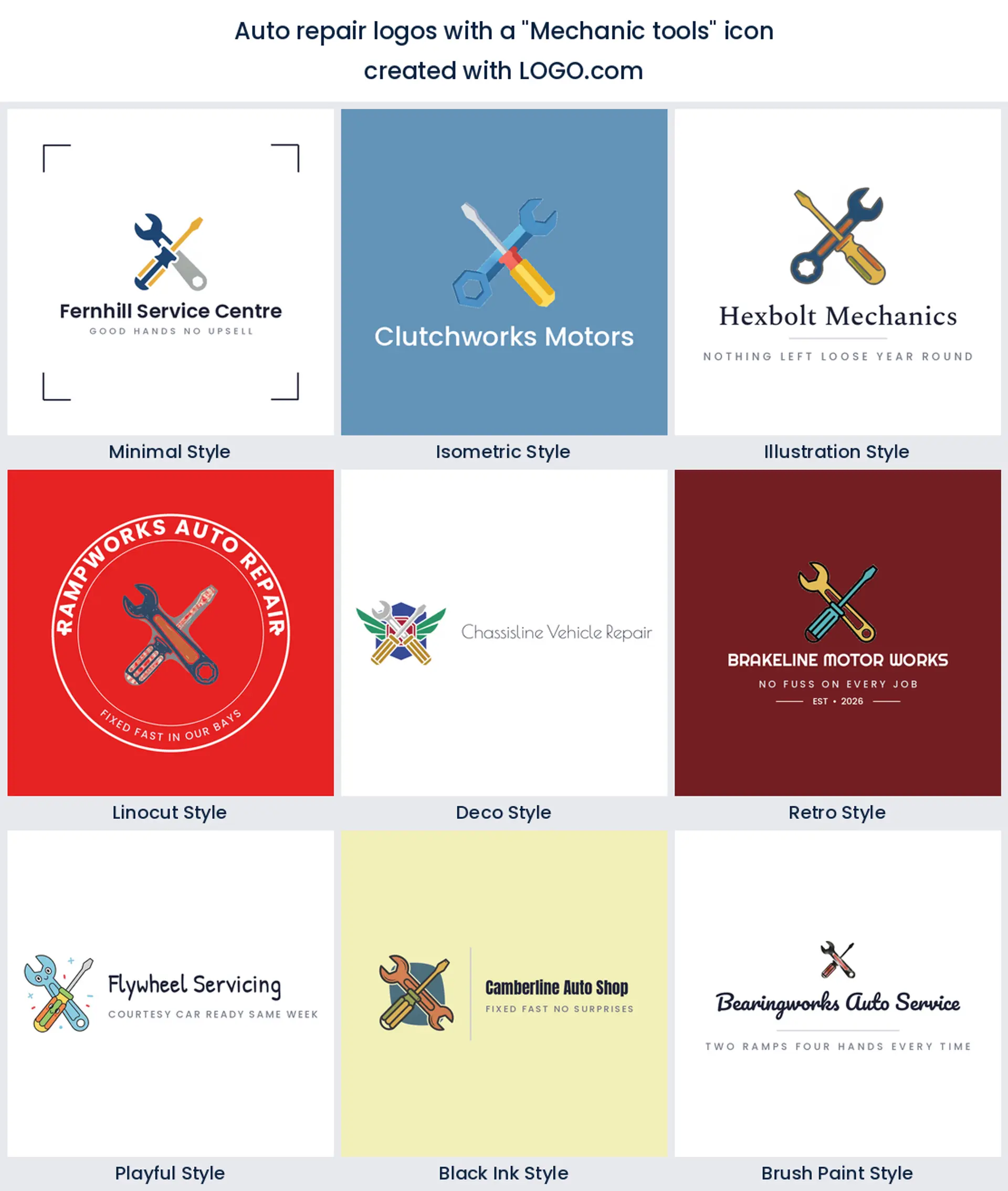 Mechanic tools auto repair logo shown in nine LOGO.com styles