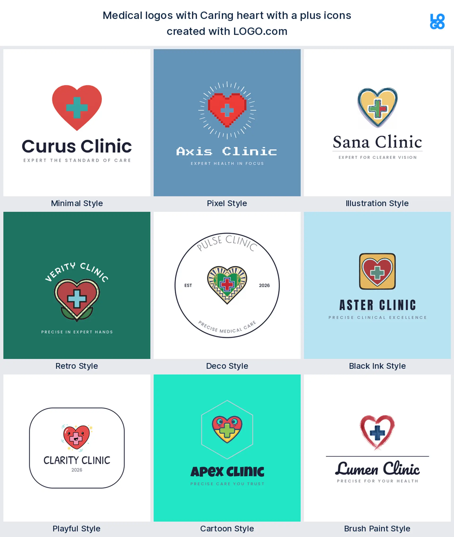 Caring heart with a plus shown across nine LOGO.com medical logo styles