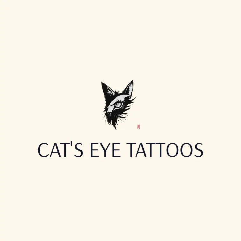 The tattoo shop name Cat's Eye Tattoos as a branded logo with a single color icon