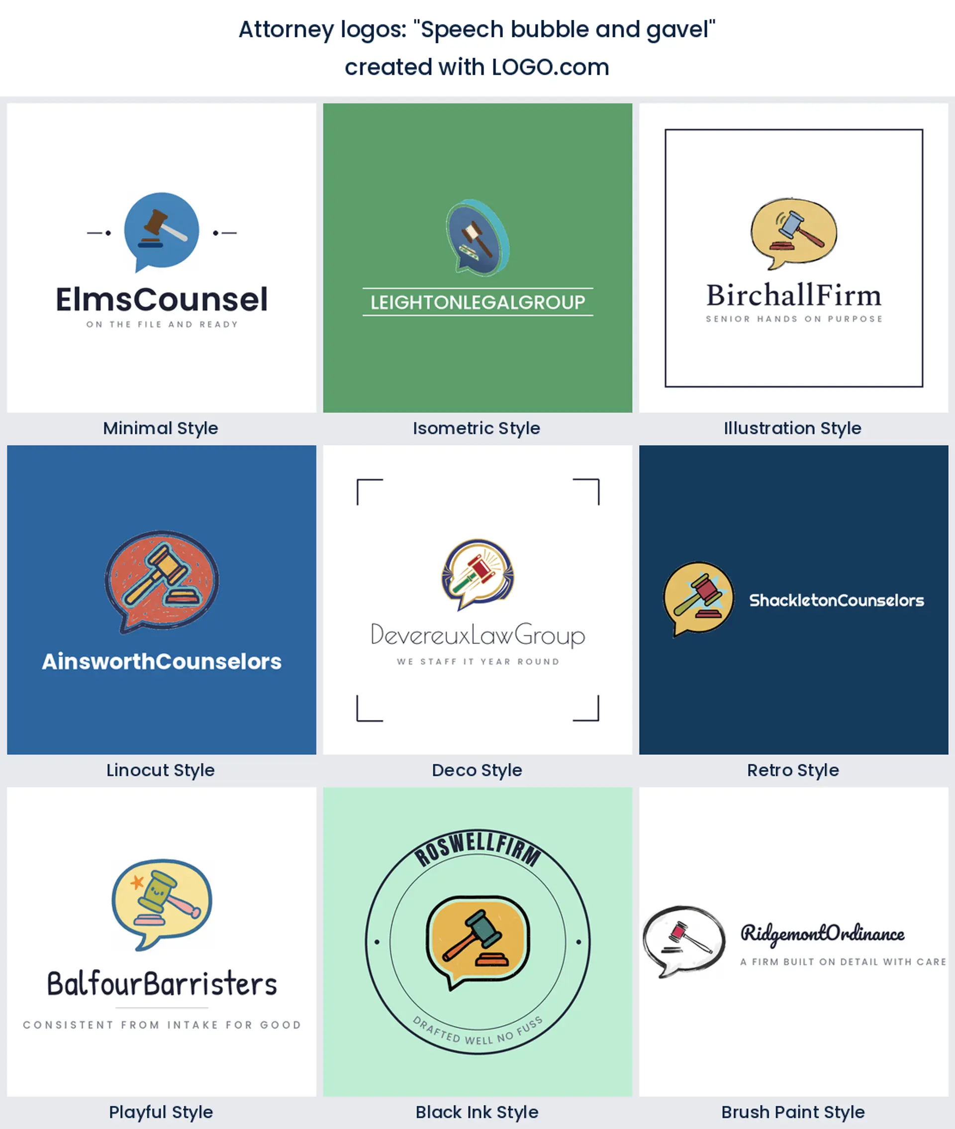 Nine styles of legal firm logo with a gavel tucked inside a speech bubble