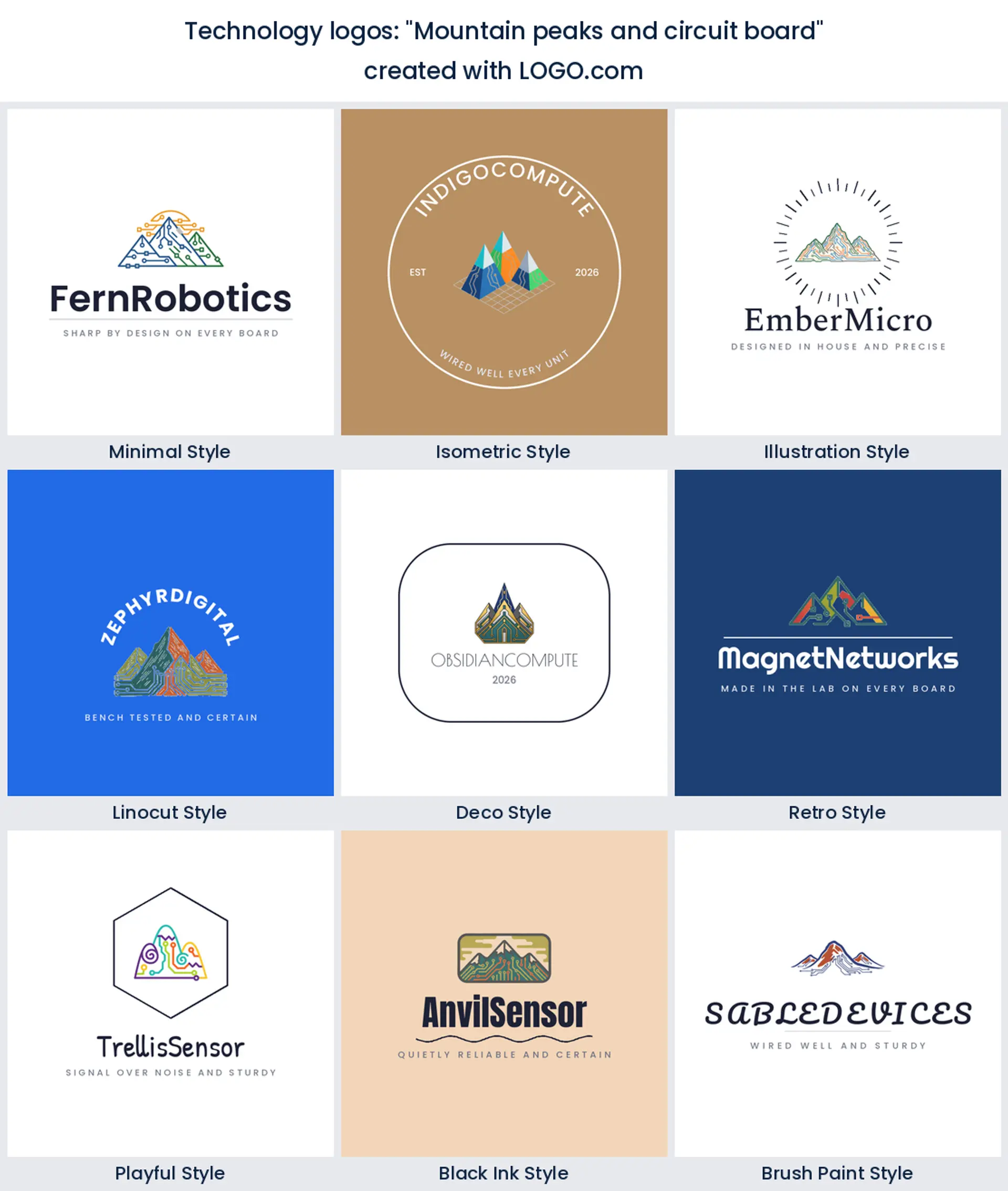 Mountain peaks and circuit board technology logo in nine styles.