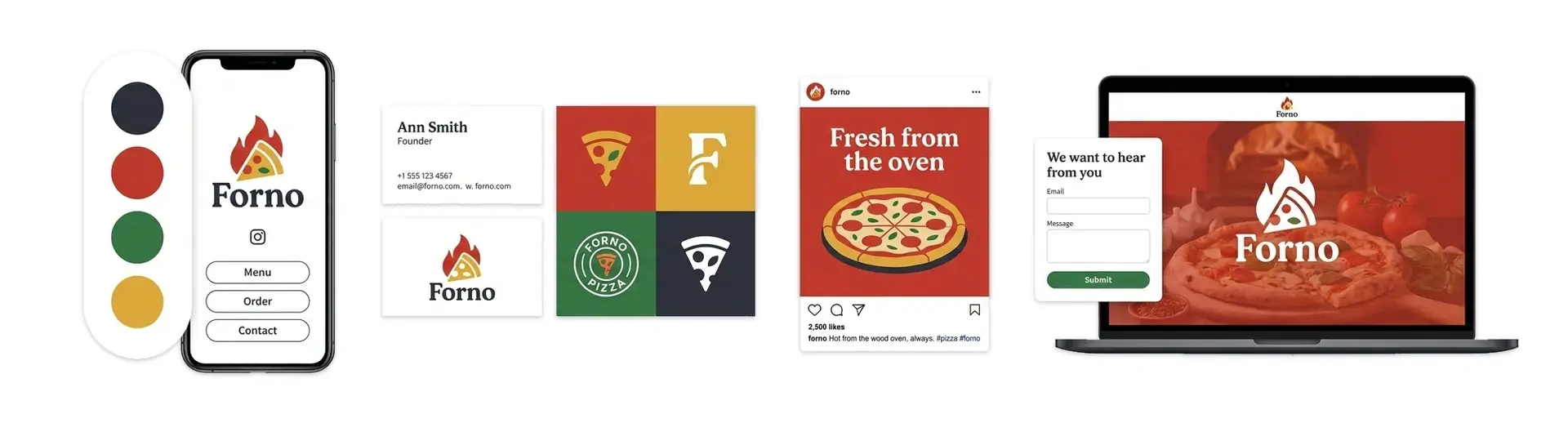 A pizza logo shown on a pizza box, a shopfront sign, and a delivery app.