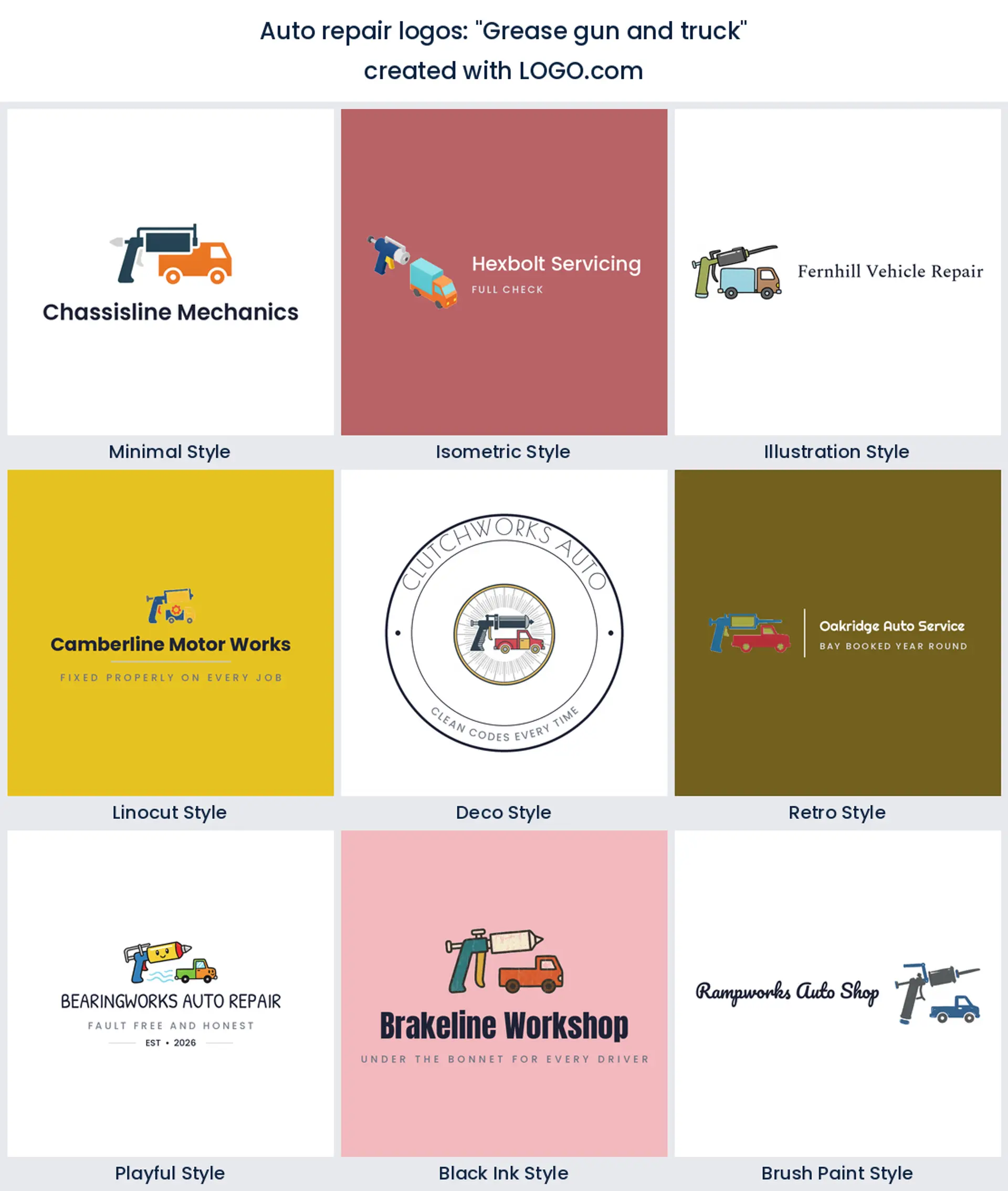 "Grease gun and truck" maintenance logo shown in nine LOGO.com styles