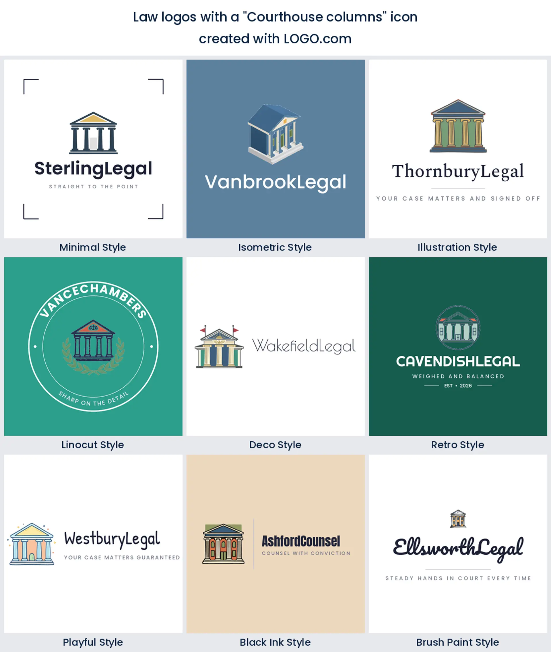 Courthouse column logo designs shown in nine LOGO.com styles