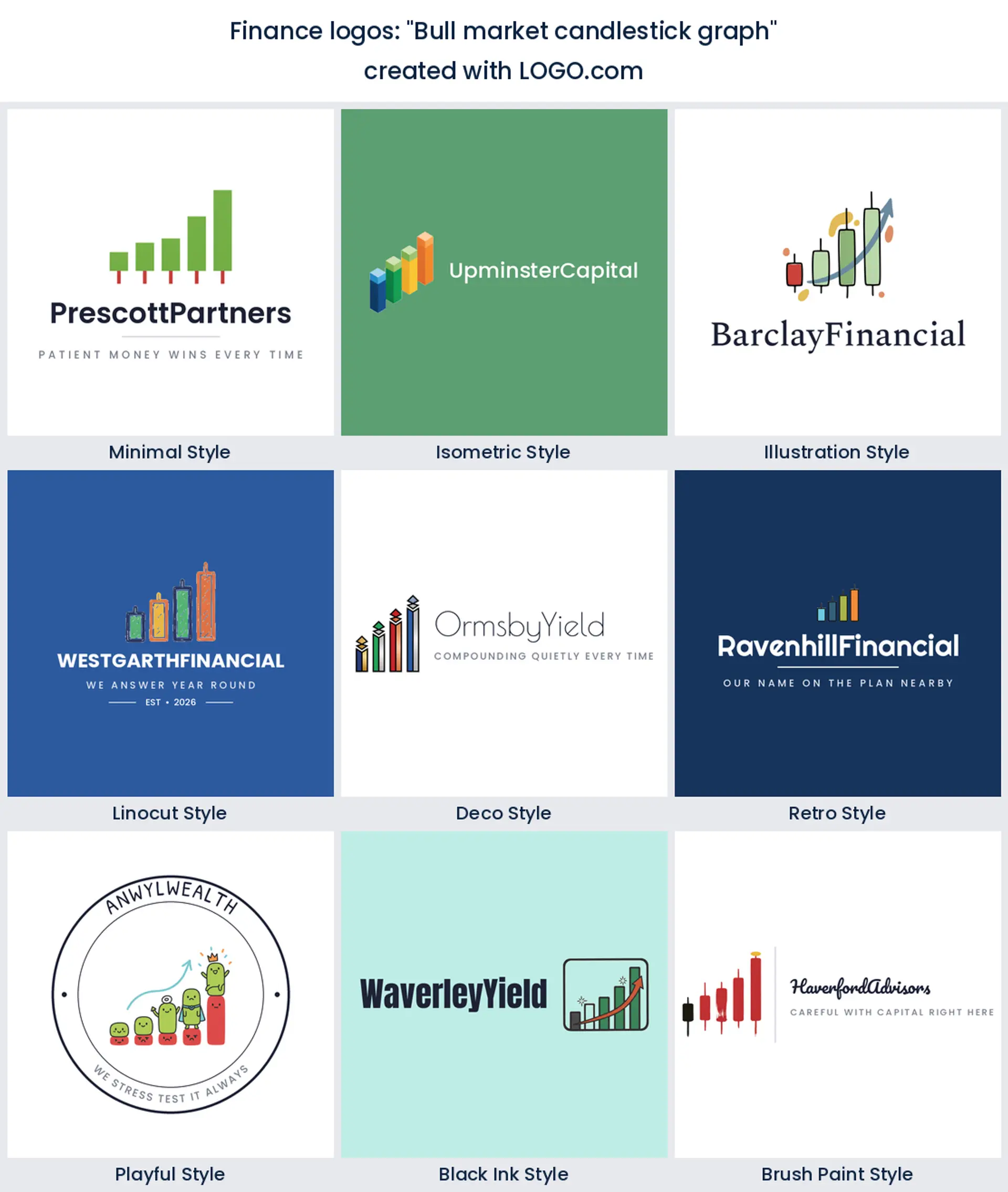 Nine styles of finance logo with candlestick bars forming a bull market chart