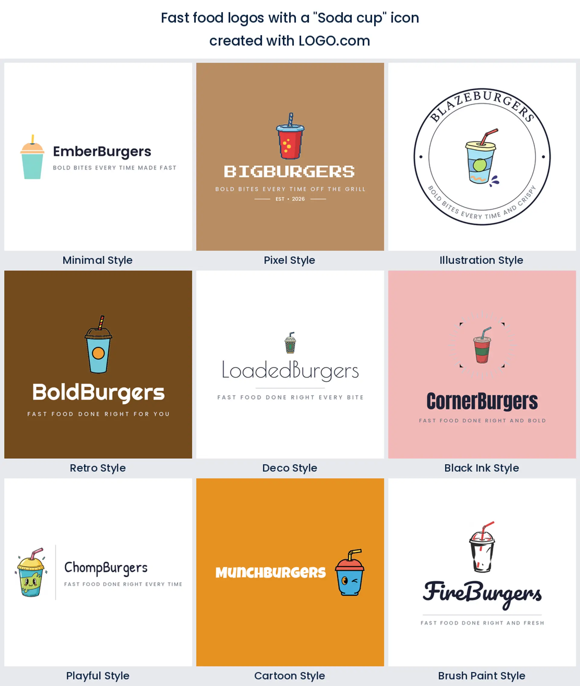 Soda cup fast food logo shown in nine LOGO.com styles.