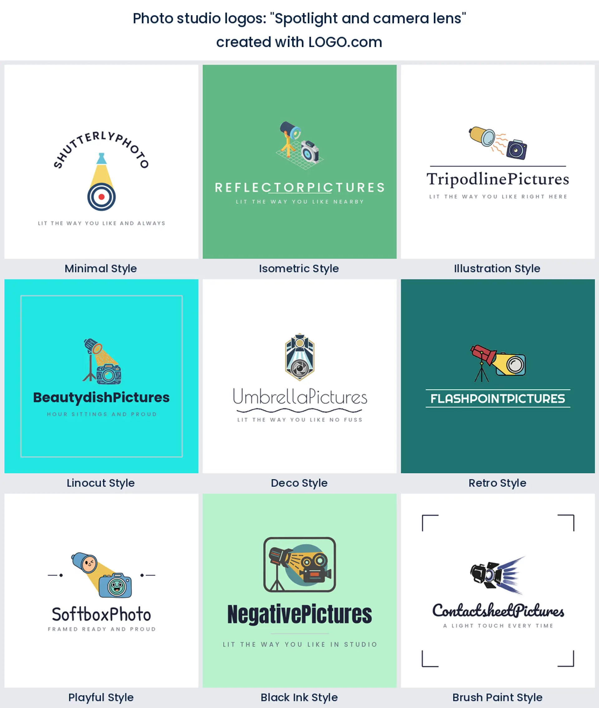 Photo studio logos from the prompt spotlight and camera lens in nine styles