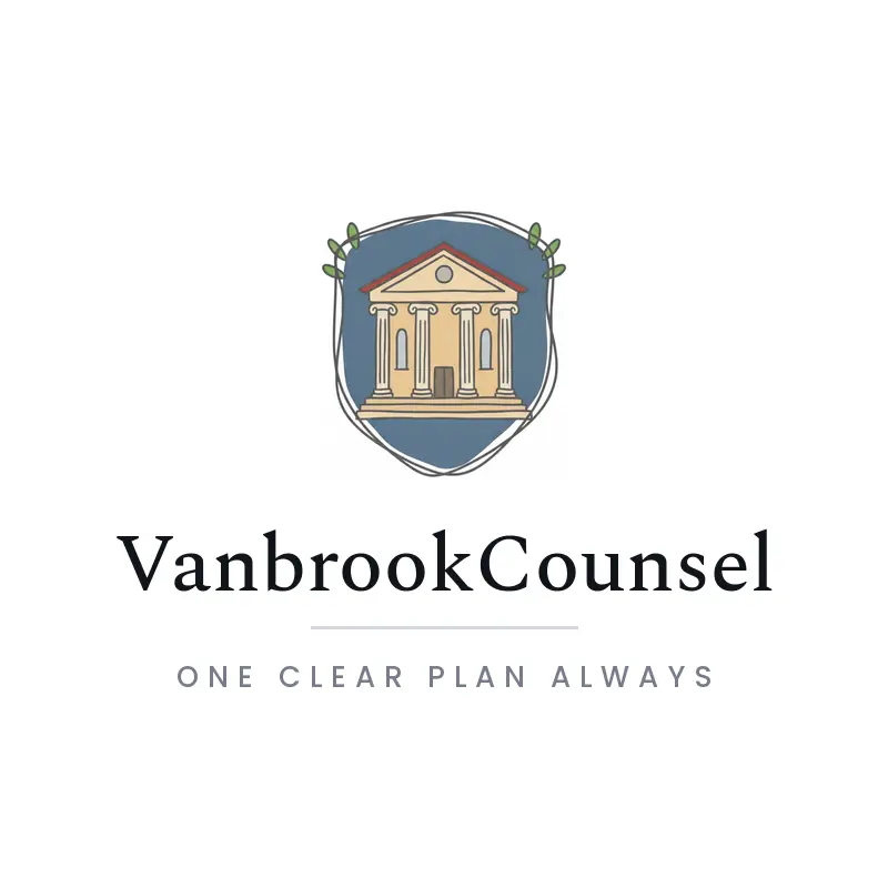 Illustrated law office logo with a courthouse inside a shield for VanbrookCounsel