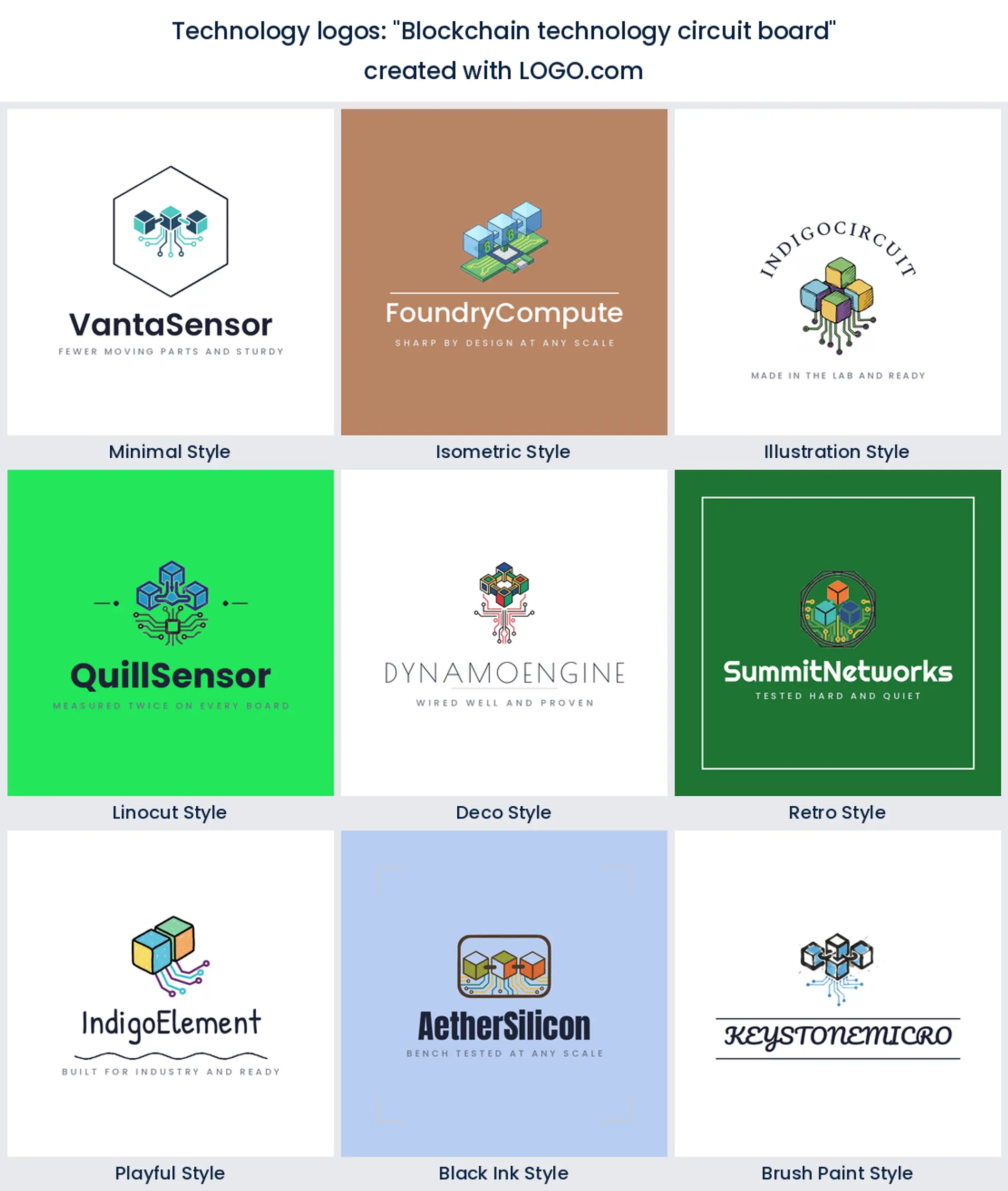 Blockchain technology circuit board logo in nine styles.