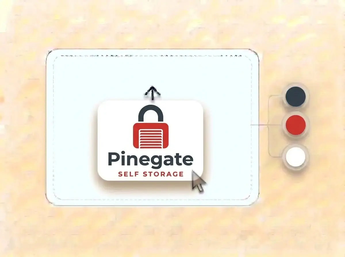Pinegate Self Storage logo, a charcoal padlock with a red roll up door for a body on a white card, dropped into the LOGO.com upload box with its colors split into swatches