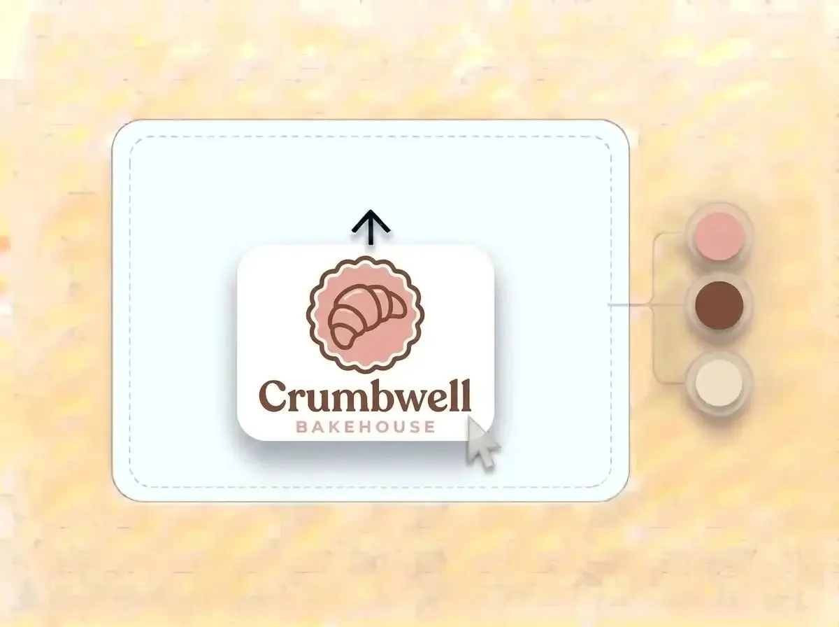 Crumbwell Bakehouse logo, a croissant inside a scalloped badge in cocoa brown and blush pink on a white card, dropped into the LOGO.com upload box with its colors split into swatches