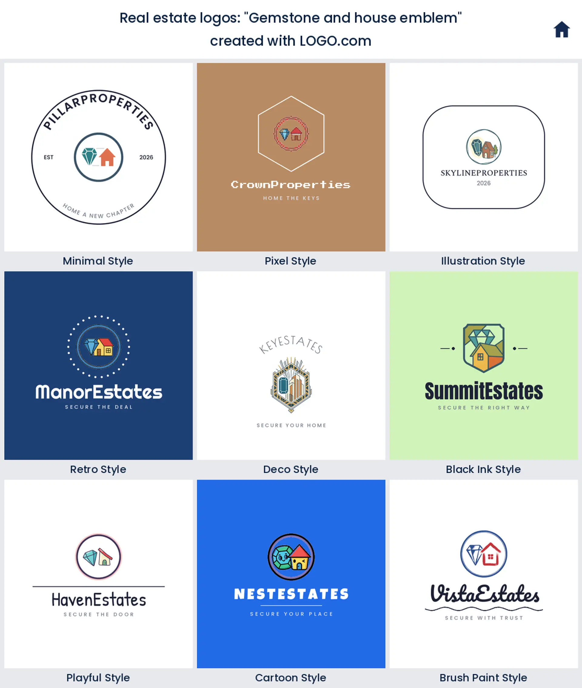 Gemstone and house emblem, a real estate logo idea shown in nine LOGO.com styles