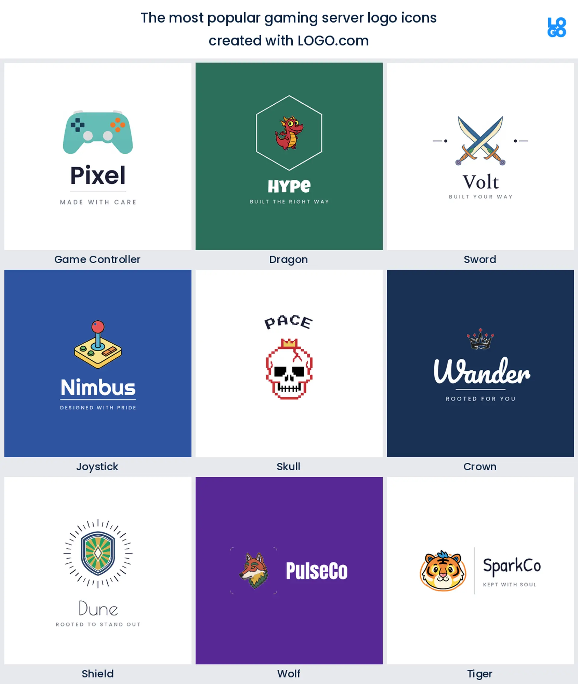 The nine most used Discord logo icons for gaming servers on LOGO.com