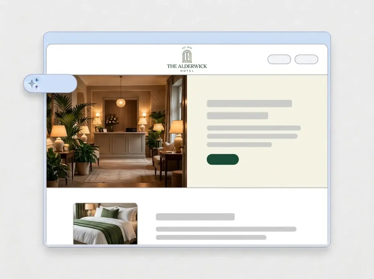 Finished Alderwick Hotel website built by LOGO.com from the uploaded logo, with a warm boutique lobby in the hero and a made bed thumbnail
