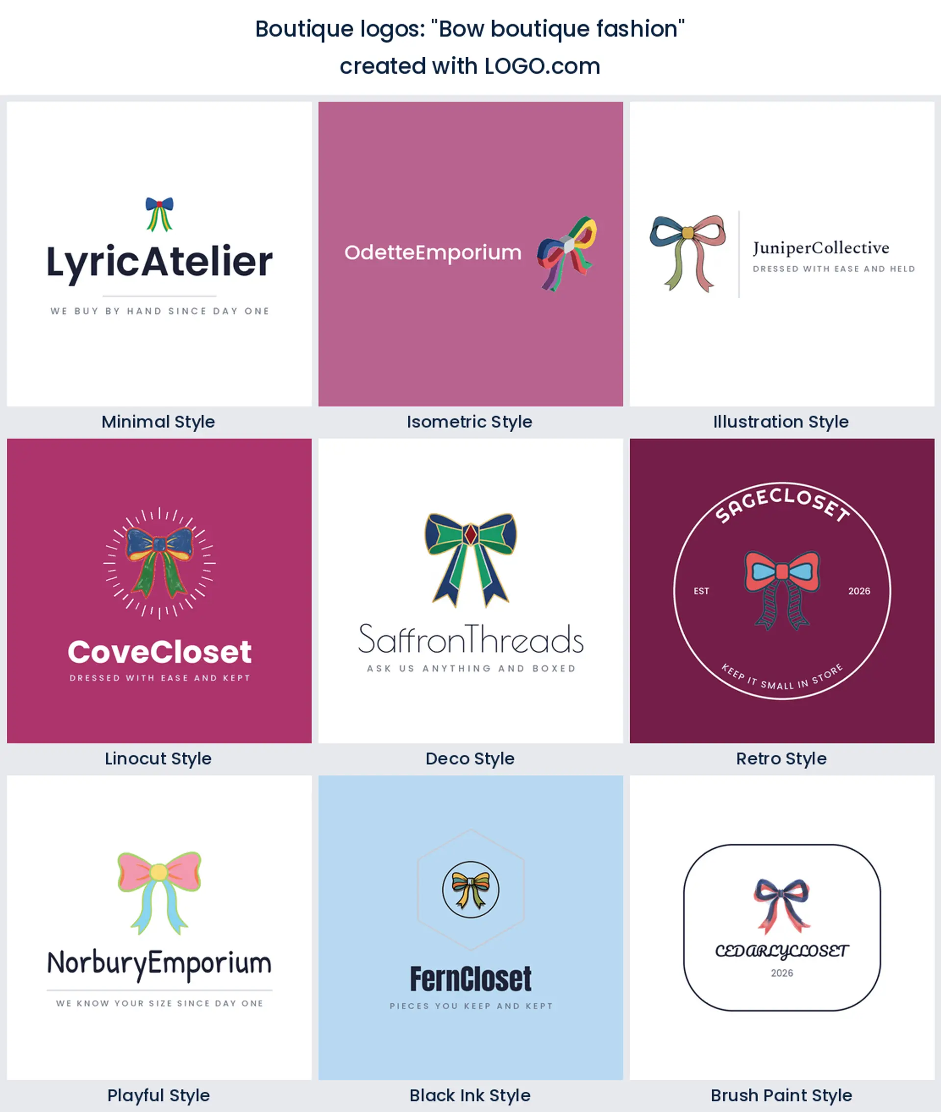 Bow boutique logo shown in nine LOGO.com styles