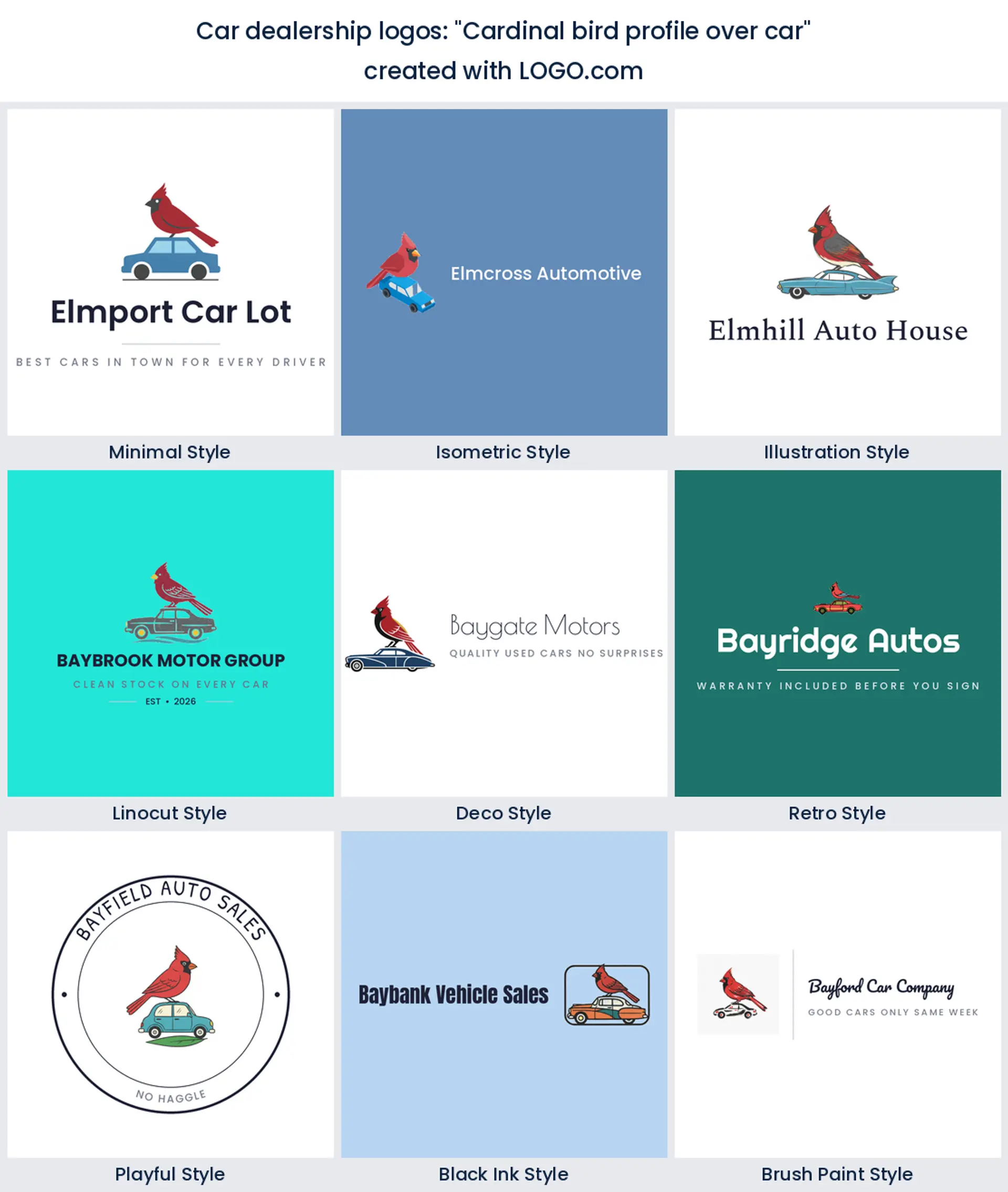 Cardinal bird and car automotive logo in nine styles