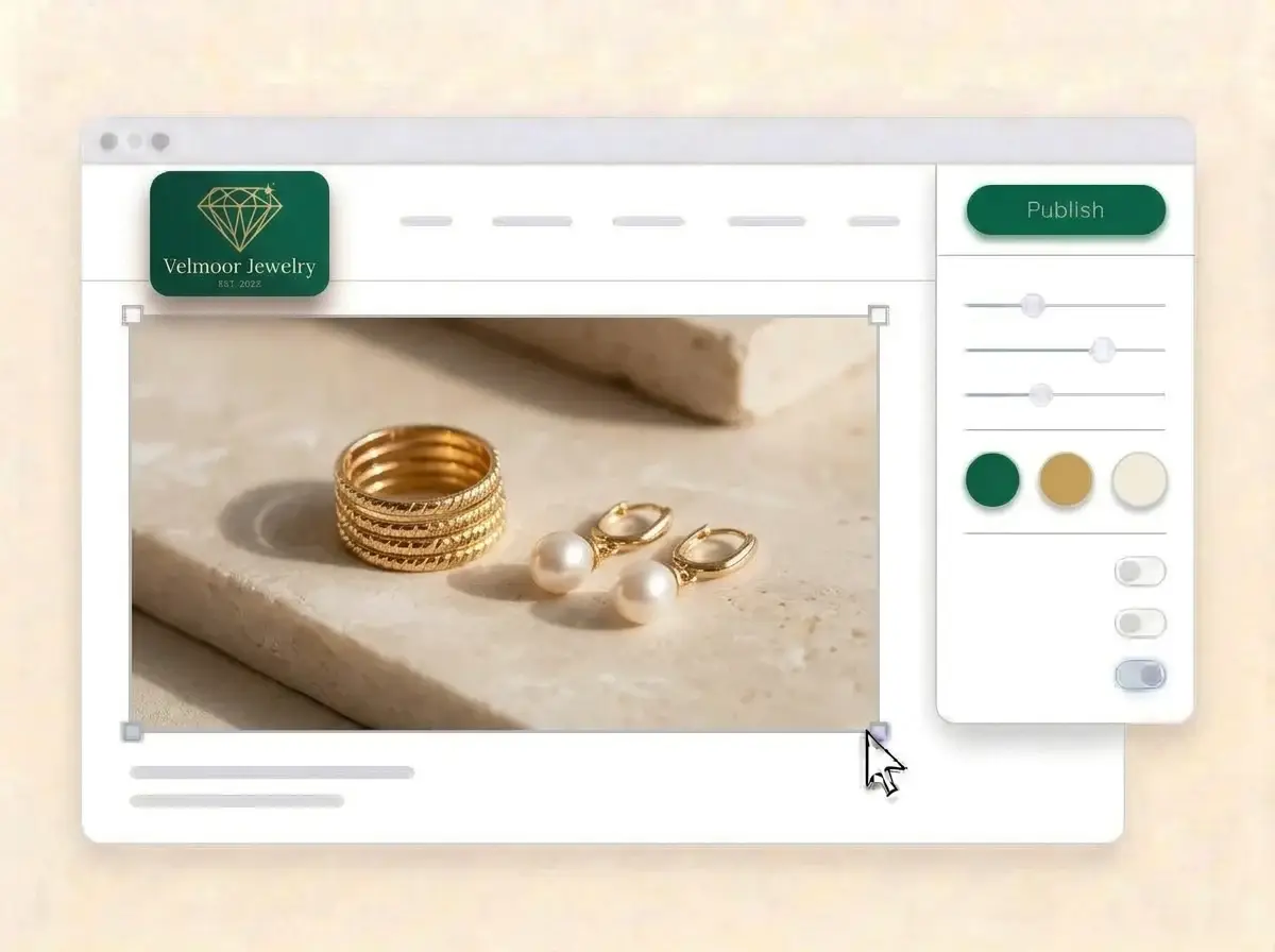 Editing the Velmoor Jewelry website with a photo of stacked gold rings and pearl earrings selected, the style panel open and the Publish button ready