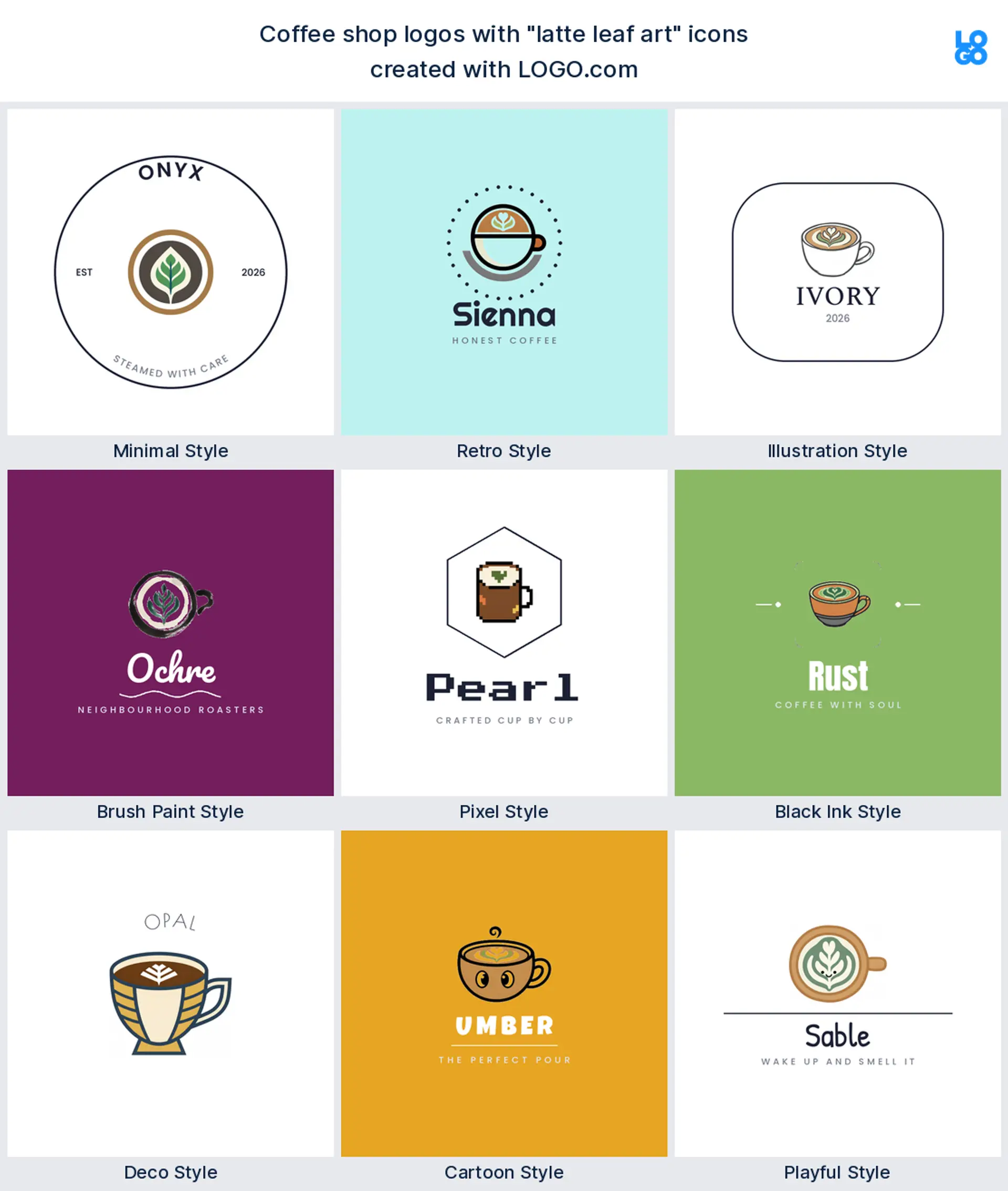 Latte leaf art logo shown in nine LOGO.com styles