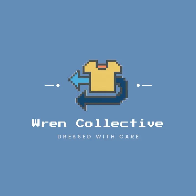 A garment wrapped in a rewind arrow, a thrift store logo in a pixel style